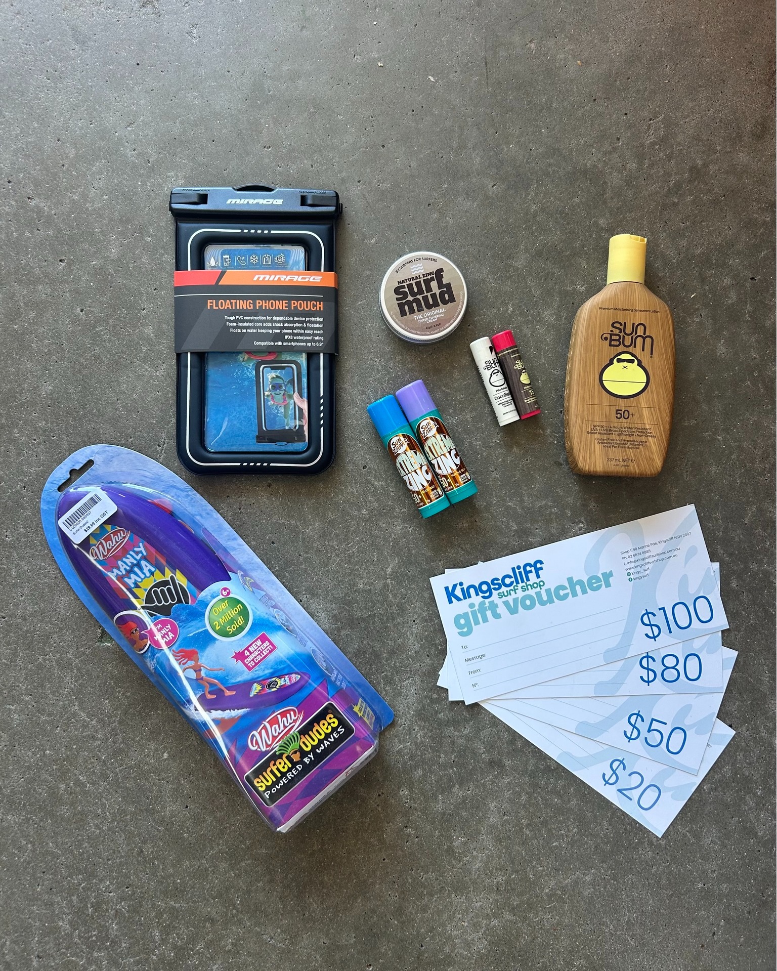 We have lots of little stocking fillers in store! #vouchers #surfmud #wahu #zinc #sunscreen #mirage #floatingphonepouch #kingscliff #kingy #surfshop #shopsmallbiz