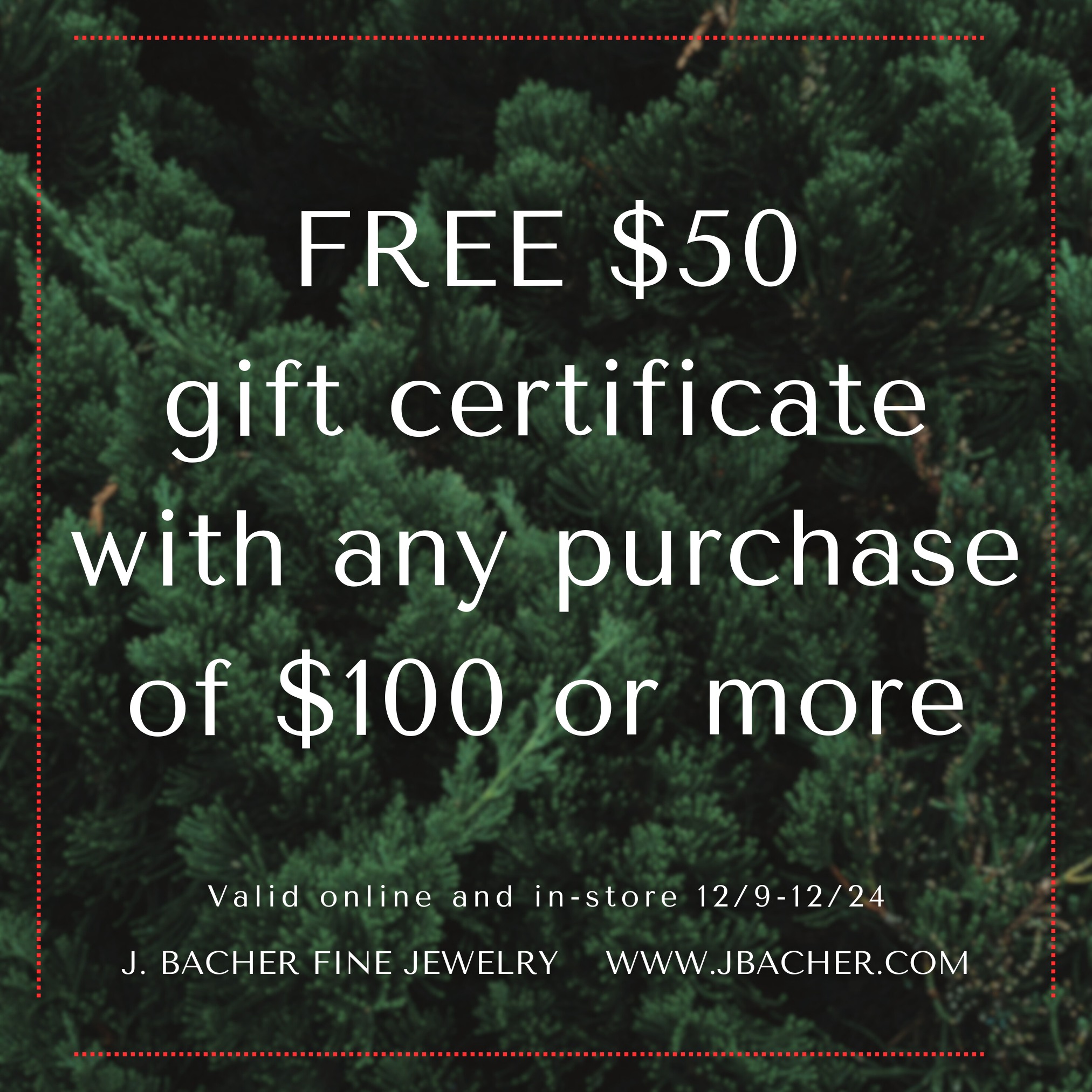 It's that time of year again! ๐
๐FREE $50 gift certificates on all purchases of $100 or more!
*Limit one per person. Offer valid 12/9 through 12/24. Available for online and in-store purchases.