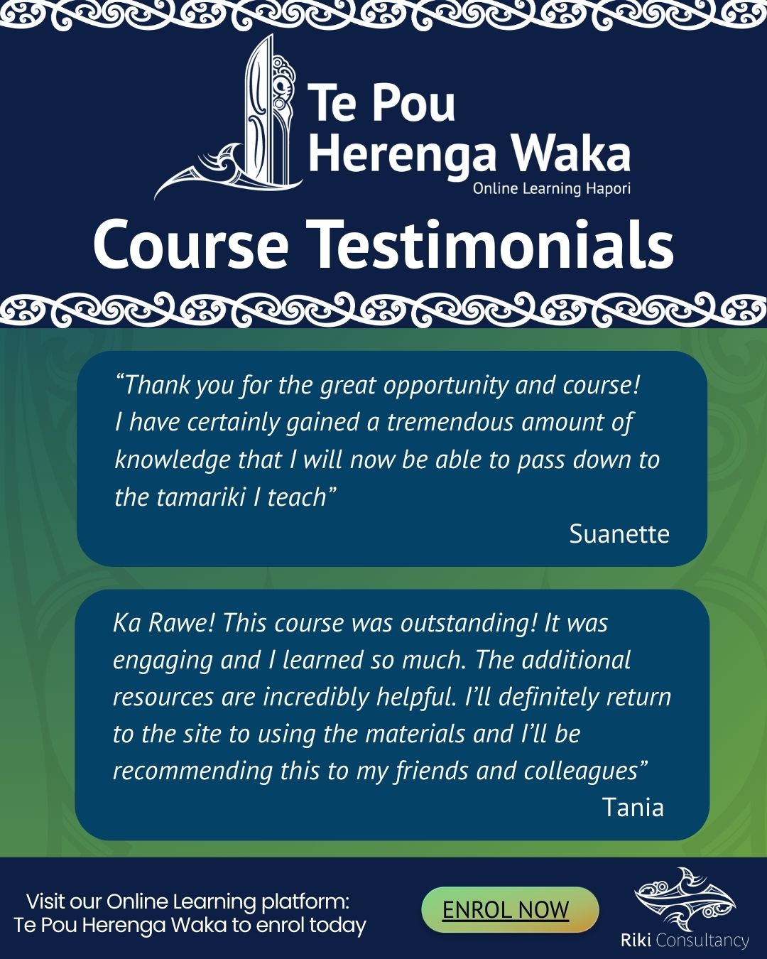Looking for clarity in the kōrero happening across Aotearoa at the moment? Want to strengthen your understanding of Te Tiriti, tikanga, or te reo Māori?
This is a solid time to build your kete of skills and knowledge and we can help.
Check out all our ONLINE COURSES on our learning platform, Te Pou Herenga Waka.
👉 https://rikiconsultancy.learnworlds.com