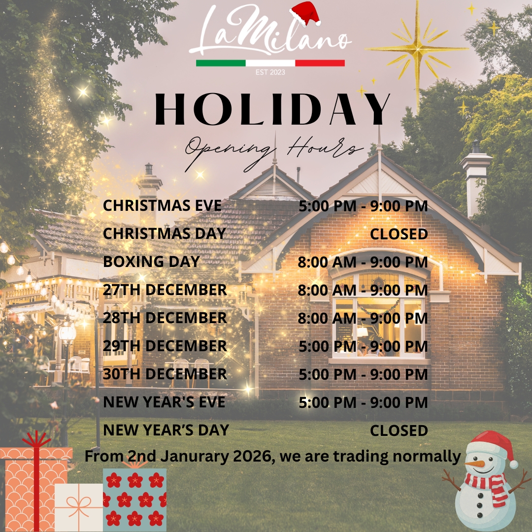 Festive season trading hours ๐๐ฅณ๐
๐๐๐ฝ๏ธ ๐ท๐ป๐พ๐ฅ
.
.
.
.
.
..
#lamilanoitalian #italianfood #italiancuisine #woodfiredpizza #homemadepasta #TasteOfItaly #pasta #pizza #cocktails #wine #LocalBusiness #supportlocal #foodielife #foodporn #italianrestaurant #orange360_allyearround #orangewine #Christmas #beer #Celebration #aussisummer #kingprawns #seafood #biggroups #familydinnertime #orange2800nsw #visitorangensw
