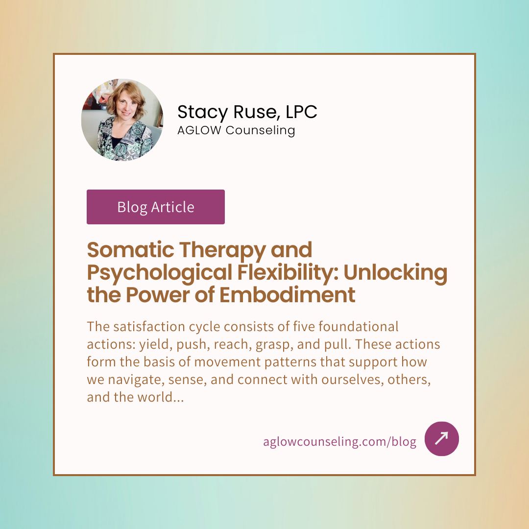 Our blog article, "Somatic Therapy and Psychological Flexibility: Unlocking the Power of Embodiment," explores how the Satisfaction Cycle integrates mind, body, and spirit.
🦋 Discover how conscious movement can transform trauma and foster deeper self-awareness, unlocking a holistic path to healing.
Read it now: https://tinyurl.com/yf4t2pdr
#SomaticTherapy #PsychologicalFlexibility #Embodiment #MindBodySpirit #TraumaHealing #InnateWisdom #AglowCounseling
