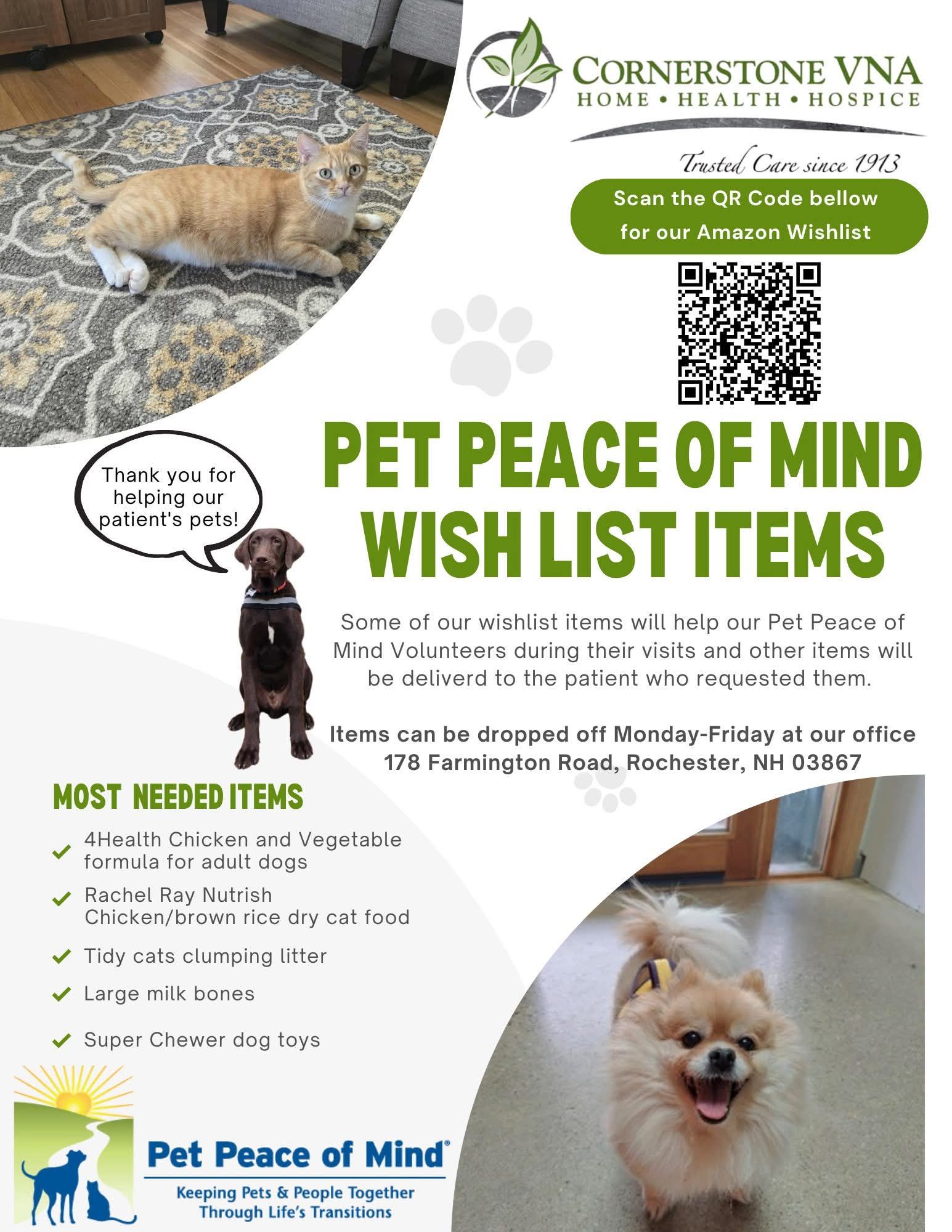 🌟12 Days of Giving🌟
For many hospice patients, the love of a pet brings comfort, peace, and a sense of normalcy during life’s most tender moments.
Cornerstone VNA’s Pet Peace of Mind Program helps ensure patients can remain with the animals who mean so much to them.
🐾 You can help today by donating much-needed pet supplies by shopping the Amazon Wish List using the QR code on the flyer.
👉https://www.amazon.com/registries/gl/guest-view/1BCO5KCJ0AGY4?ref=gr_search_page_result
💚 Most needed items include:
• Dog & cat food
• Cat litter
• Treats & durable dog toys
📍 Items may also be dropped off at The Rochester office.
Your generosity helps keep pets and people together when it matters most.