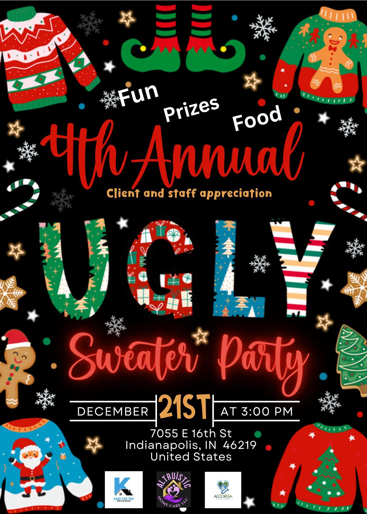 🎄 4th Annual Client & Staff Appreciation Christmas Party 🎄
We are excited to invite our valued clients and dedicated staff to our
4th Annual Christmas Appreciation Party as a thank-you for an amazing year.
📅 Date: Saturday, December 21
⏰ Time: 3:00 PM – 6:00 PM
🎅 Theme: Ugly Christmas Sweater Party
Come ready to celebrate the season with:
• Food & refreshments
• Music & holiday vibes
• Games, laughter, and fellowship
• Prizes for the ugliest Christmas sweater
This event is all about gratitude, connection, and celebration. We truly appreciate the trust of our clients and the hard work of our staff, and we look forward to closing the year together in festive style.
✨ Ugly sweaters encouraged — the uglier, the better! ✨
We can’t wait to celebrate with you.
