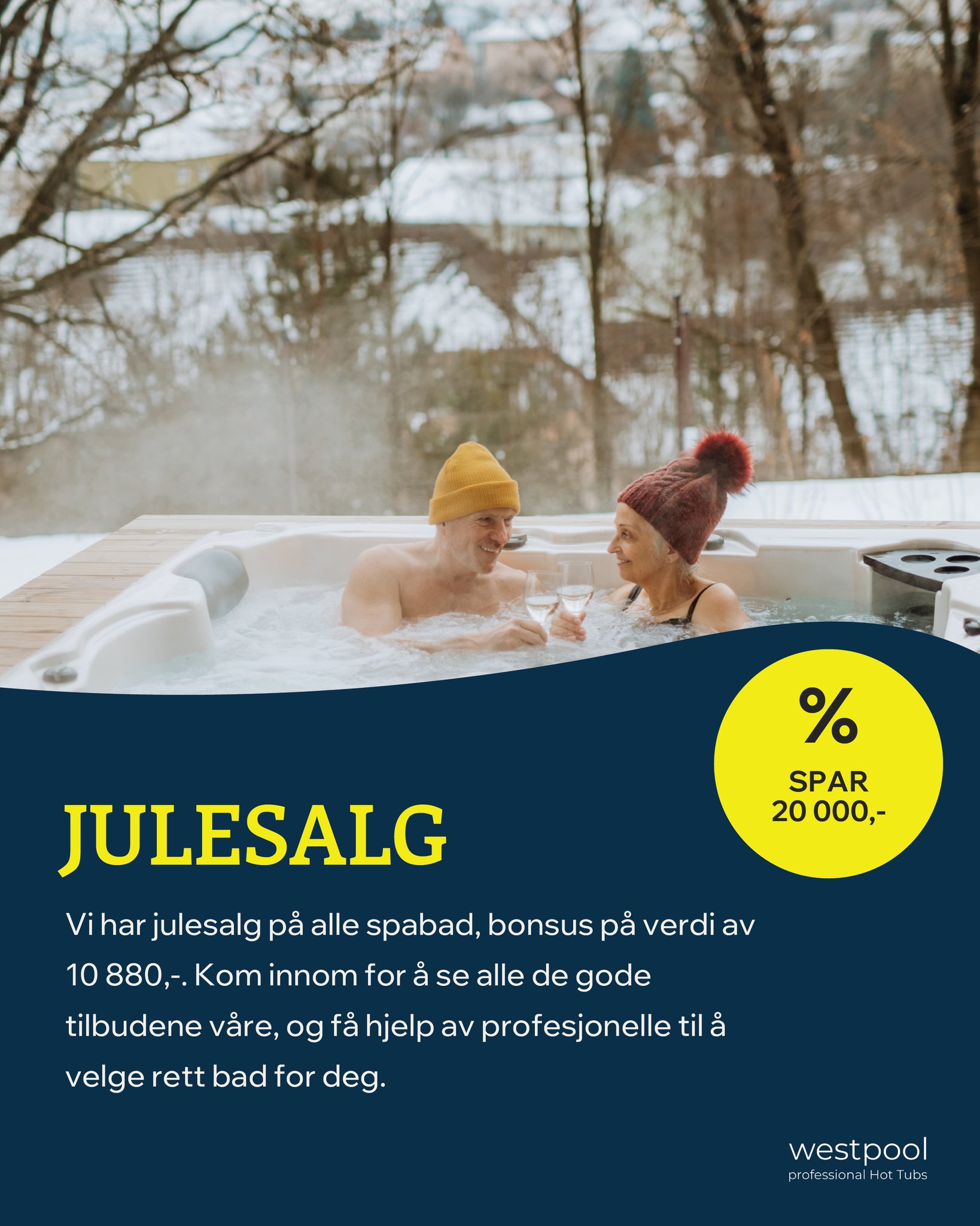 Drømmer du om spabad på terrassen? ✨
Våre kompakte modeller passer perfekt på mindre uteplasser – og nå får du 20 000,- i juleavslag på alle spabad.
Opplev tilbudet hos Westpool!