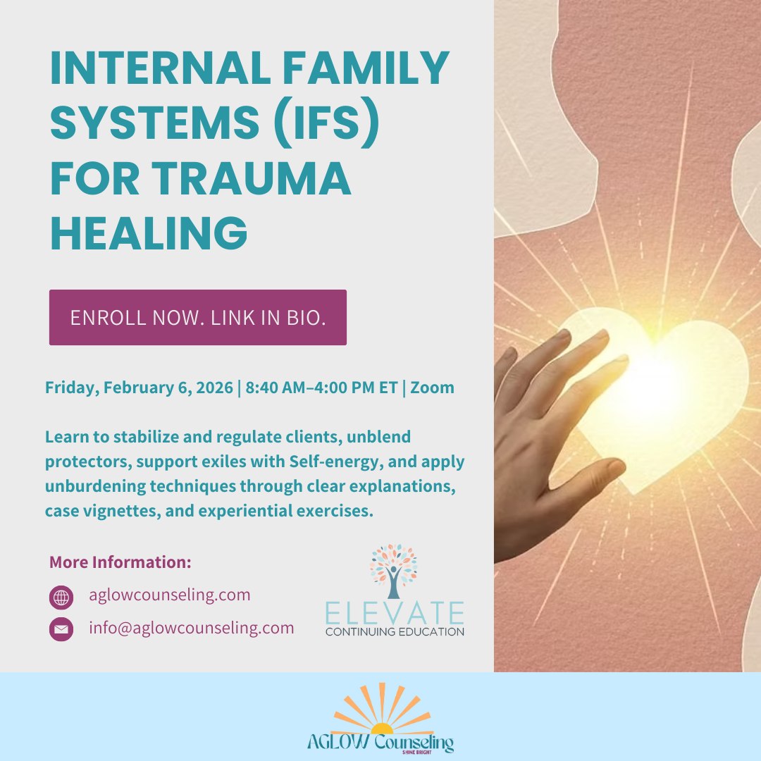 ✨ Save the Date: I am teaching Elevate CE’s “Internal Family Systems (IFS) for Trauma Healing: Practical Tools for Clinicians.”
🗓️ February 6, 2026
Trauma can fragment the internal system, but healing is always possible. Join me for a 1-day live online training from Elevate: “IFS for Trauma Healing: Practical Tools for Clinicians.”
In this intermediate-level course (6 CE Hours), you'll learn the fundamentals of working with protectors, exiles, and Self. We will explore this model’s compassionate, non-pathologizing framework to help clients reclaim their wholeness.
Perfect for social workers, LPCs, psychologists, and mental health professionals.
Register at the link in my bio!
#AglowCounseling #TraumaTraining #ContinuingEducation #SocialWork #LPC