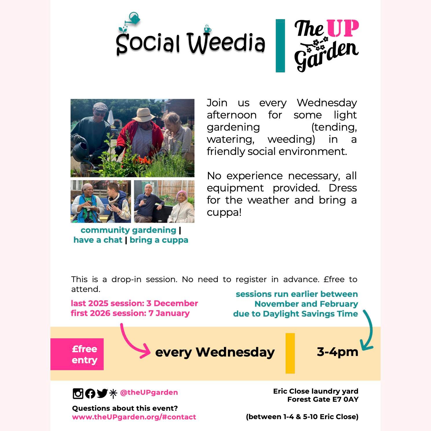 Reminder that our awesome volunteers who run our community greening drop-in social are still on their well-deserved break.
Come join us weekly from 7 January 2026!