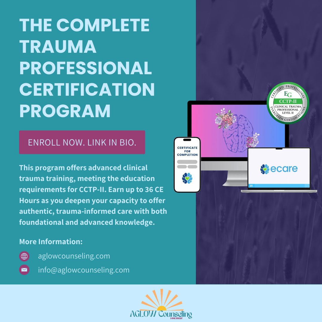 Are you ready to shine brighter in your healing practice this year? ✨
Expand your expertise with the Advanced Clinical Trauma Training. This comprehensive program meets the education requirements for the Certified Clinical Trauma Professional Level II (CCTP-II). It’s a powerful step toward integrating deep clinical knowledge with the compassionate care your clients deserve.
Start your journey to certification at the link in my bio!
#AglowCounseling #TraumaTherapy #CCTPII #ClinicalTraining #TherapistResources