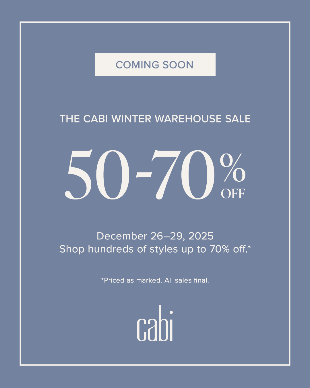 ❄️The cabi Winter Warehouse Sale is coming soon! Enjoy savings up to 70% off when you shop online December 26–29. Don’t miss your chance to score your favorite pieces before they’re gone! Warehouse Shopping link in Bio. #cabiclothing #cabistylist #wintersale #wintershopping
