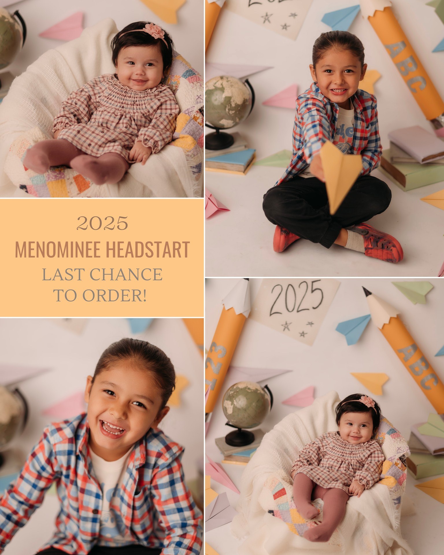 ✏️✈️ Menominee Early Childhood Services - Head Start/Early Head Start Photo Update!
I have to say… I am SO happy with how this year’s setup turned out! I went with a fun paper airplane + school theme, made some giant pencils out of paper and tape, and even spent a few hours the night before folding all of those little paper airplanes 😅 Totally worth it though — the kids did amazing and their smiles made it all come together perfectly!
I’ve also had a few parents reach out saying they missed ordering the first time around, so I’m reopening orders for a short time. If you didn’t get a chance to order your child’s photos, this is your last chance to grab them! 💛
I’ll drop the link below, and the collage in this post shows a peek at the setup (including my own kiddos, Avery & Alani 🥰).
If you need help or have questions, just send me a message — I’m happy to help!