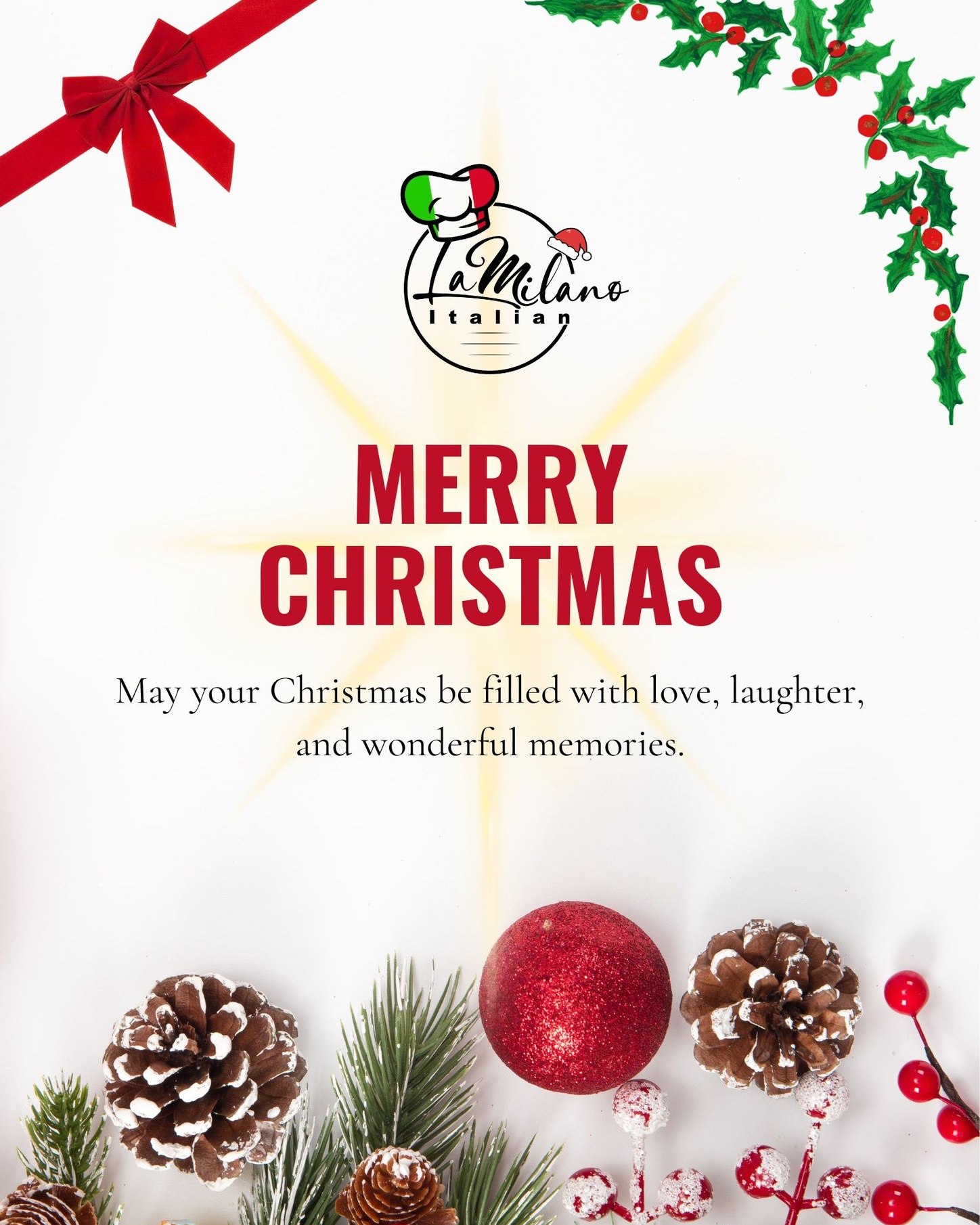 Merry Christmas!๐
๐ Wishing you and yours a holiday season filled with joy, love, laughter, and peace, full of cherished moments and good cheer.
.
.
.
.
.
.
.
#lamilanoitalian #italianfood #italiancuisine #woodfiredpizza #homemadepasta #TasteOfItaly #pasta #pizza #cocktails #wine #LocalBusiness #supportlocal #foodielife #foodporn #italianrestaurant #orange360_allyearround #orangewine #Christmas #beer #Celebration #aussisummer #kingprawns #seafood #biggroups #familydinnertime #orange2800nsw #visitorangensw