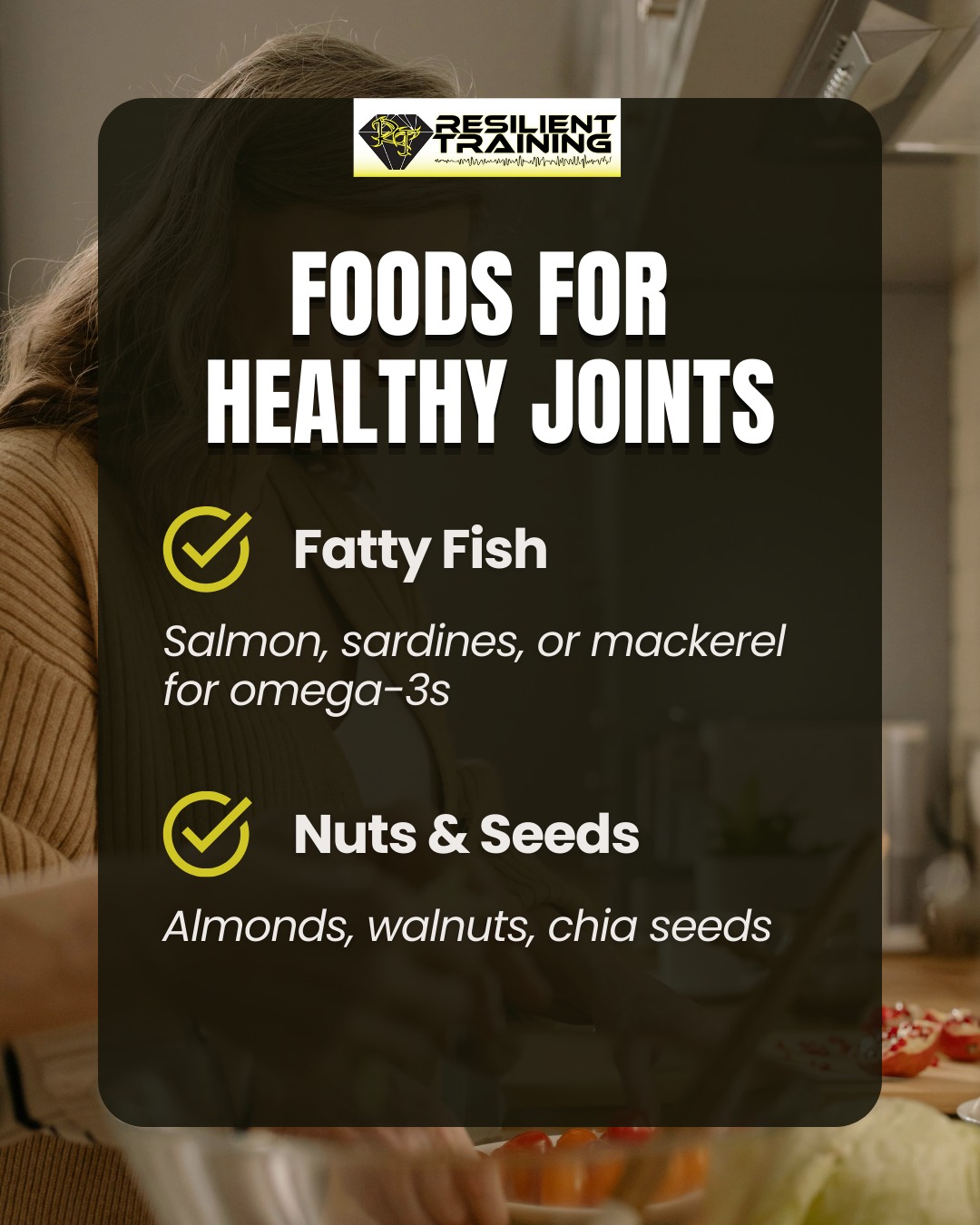 Support knees, hips, and shoulders with a diet that naturally reduces inflammation and helps you move more comfortably.
Combine these foods with mobility and strength exercises from the Fundamentals Series to keep your joints strong, flexible, and pain-free.
Start supporting your joints today. Take your Mobility Assessment to see where to focus!
#exerciseandnutrition #nutritionforolderadults #jointhealth #antiflammatoryfoods #functionalfitness #activeaging #seniorfitness #seniorfitnessspecialist #stayactive #staystrong #stayresilient #ResilientTraining