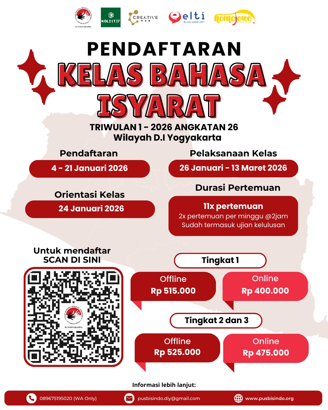 Pendaftaran Kelas Bahasa Isyarat (KBI) Triwulan 1 - 2026 untuk area Yogyakarta kini resmi dibuka!
๐
Periode Pendaftaran : 04 - 21 Januari 2026
๐ Mulai Kelas : 26 Januari 2026
Orientasi kelas reguler Bisindo Tingkat 1 akan dilaksanakan pada tanggal 24 Januari 2026 sebelum kelas dimulai!
โจ Benefit yang akan kamu dapatkan :
โ
10x pertemuan (2x seminggu) + 1x ujian akhir
โ
Belajar langsung dari guru Tuli profesional
โ
Sertifikat kelulusan (untuk Tingkat 1-3)
โ
Akses ke e-Kamus Bahasa Isyarat Indonesia versi Yogyakarta
๐ Pilihan kelas:
๐ป Daring (Online)
๐ซ Luring (Tatap Muka โ Yogyakarta)
๐ Terbuka untuk umum. Kuota terbatas!
Pendaftaran dapat ditutup lebih awal jika kuota telah terpenuhi.
๐ Daftar sekarang melalui:
https://linktr.ee/pusbisindodiy
๐ฉ Info & pertanyaan lebih lanjut :
Hubungi Admin Pusbisindo DIY melalui whatsapp:
089675195020
#kelasbahasaisyarat #kelasbisindo #kelasbahasaisyaratindonesia #bisindo #bahasaisyaratindonesia #pusbisindo #kelaspusbisindo