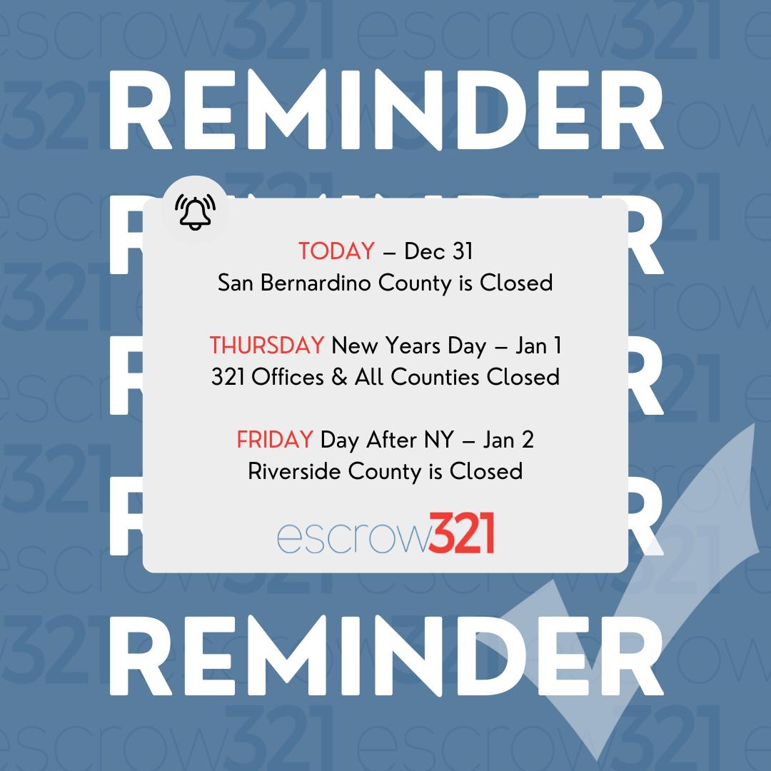🚨Your friendly-est reminder of the escrow321 and county closures happening this week so you can plan your transactions accordingly to avoid any delays. We hope this helps you stay one step ahead as your deals come to a close. Wishing you a wonderful and safe New Years Eve and we look foward to continued success in 2026. ✨ Cheers!