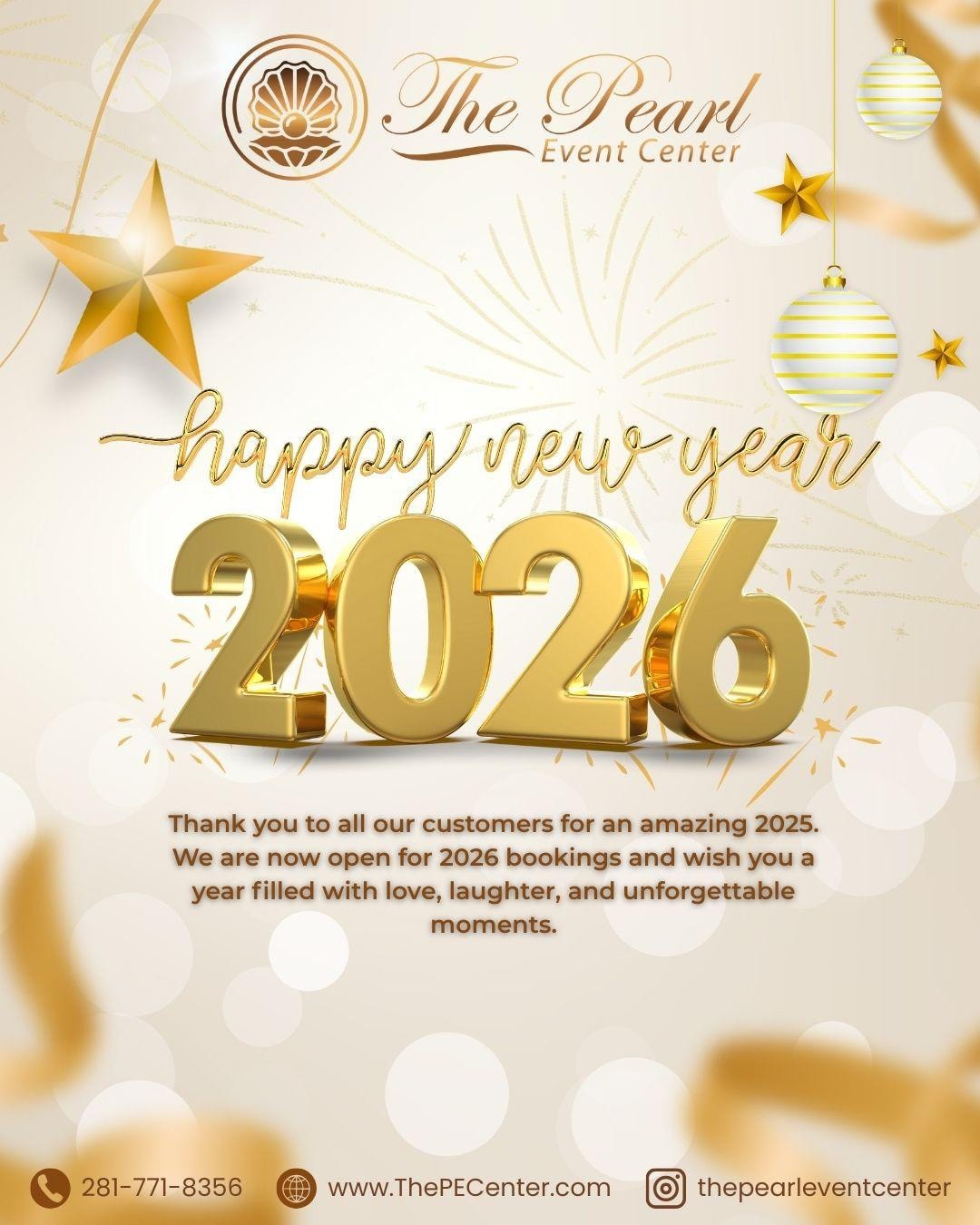 Welcome 2026 with elegance, celebration & unforgettable moments ✨
As we step into a brand-new year, we want to thank all our clients, families, and community members for making 2025 truly special at The Pearl Event Center. From weddings and celebrations to community gatherings, every event meant the world to us 🤍
🎊 We are now officially open for 2026 bookings!
Let us help you create memories filled with love, laughter, and timeless moments in our beautiful halls.
📞 Book your date today: 281-771-8356
🌐 Visit: www.ThePECenter.com
📍 951 Tristar Dr, Webster, TX 77598
Here’s to a year of joy, celebration, and unforgettable events ✨🥂
#HappyNewYear2026 #PearlEventCenter #NowBooking2026 #CelebrateWithPearl #NewBeginnings
