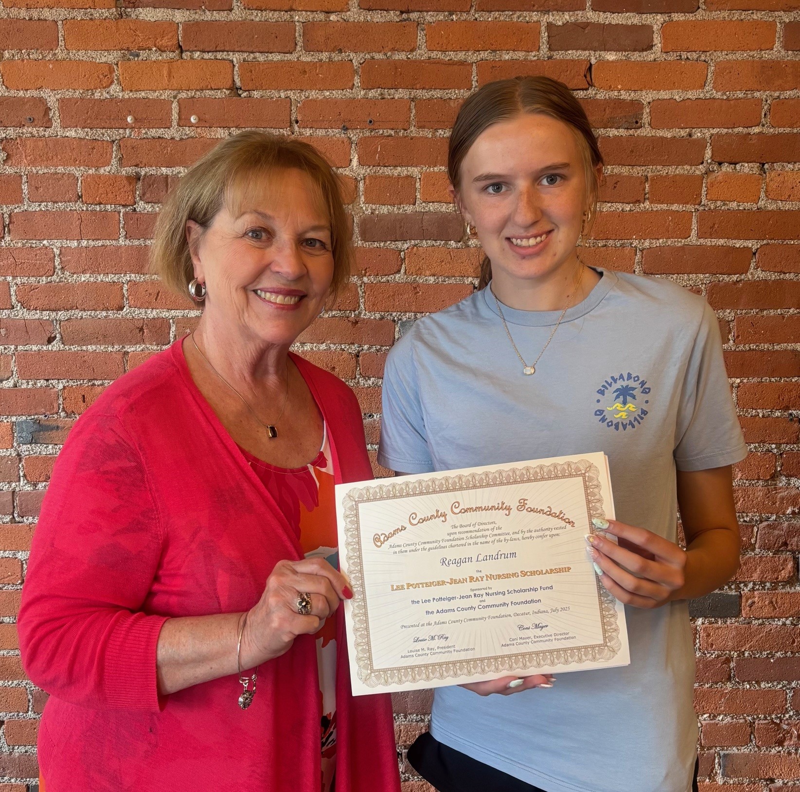The first 2025 Pottinger-Ray Scholarship was awarded recently. Deb Cook, ACCF Scholarship Administrator is shown presenting the award to Reagan Landrum, (NA graduate), Landrum is attending Purdue University to major in nursing.
Deb Cook, ACCF Scholarship Administrator, reported a new ACCF scholarship fund was established in 2024 to honor two well-known healthcare professionals: Lee Potteiger and Jean Ray.
Lillie "Lee" Potteiger, 86, was a surgical nurse at the University of Michigan and she worked for Adams County Memorial Hospital where she retired in 1995 after 39 years. While at Adams Memorial shew as a registered nurse, Director of Education & Infection Control and was also the Director of Nurses, Extended Care.
Dorothy Jean Ray, age 96, was a graduate of Pleasant Mills High School and the Lutheran School of Nursing in Fort Wayne, IN (1948). Jean spent time as a surgical nurse at the University of Michigan and briefly nursed in Greeley, Colorado, before returning to Decatur, where she spent most of her career as an obstetrical registered nurse at Adams Memorial Hospital. During her tenure there from 1956-1992, Jean was a head nurse in "med-surg", worked with Utilization Review and Quality Assurance, but was most noted for helping deliver hundreds of babies.
Cook reported this scholarship is for healthcare professionals and will be awarded every year. The ACCF proud to have this annual reminder for these two respected professionals that will continue to influence and inspire generations of future healthcare professionals.