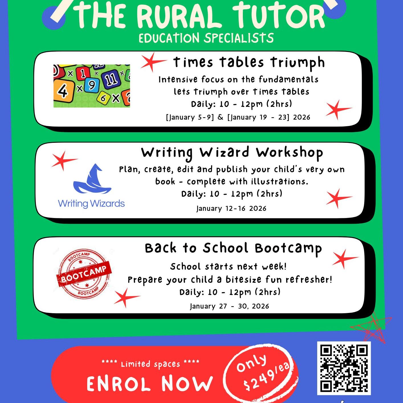 Check out summer holiday programs at The Rural Tutor in Gunnedah
* Jan 12 - 16: Writing Wizards Workshop
* Jan 19 - 23: Times tables Triumph Workshop
* Jan 27 - 30: Back to School Bootcamp
Bookings essential as spots are limited.
https://learn.theruraltutor.com.au/store/69262aa712246982bd459af7