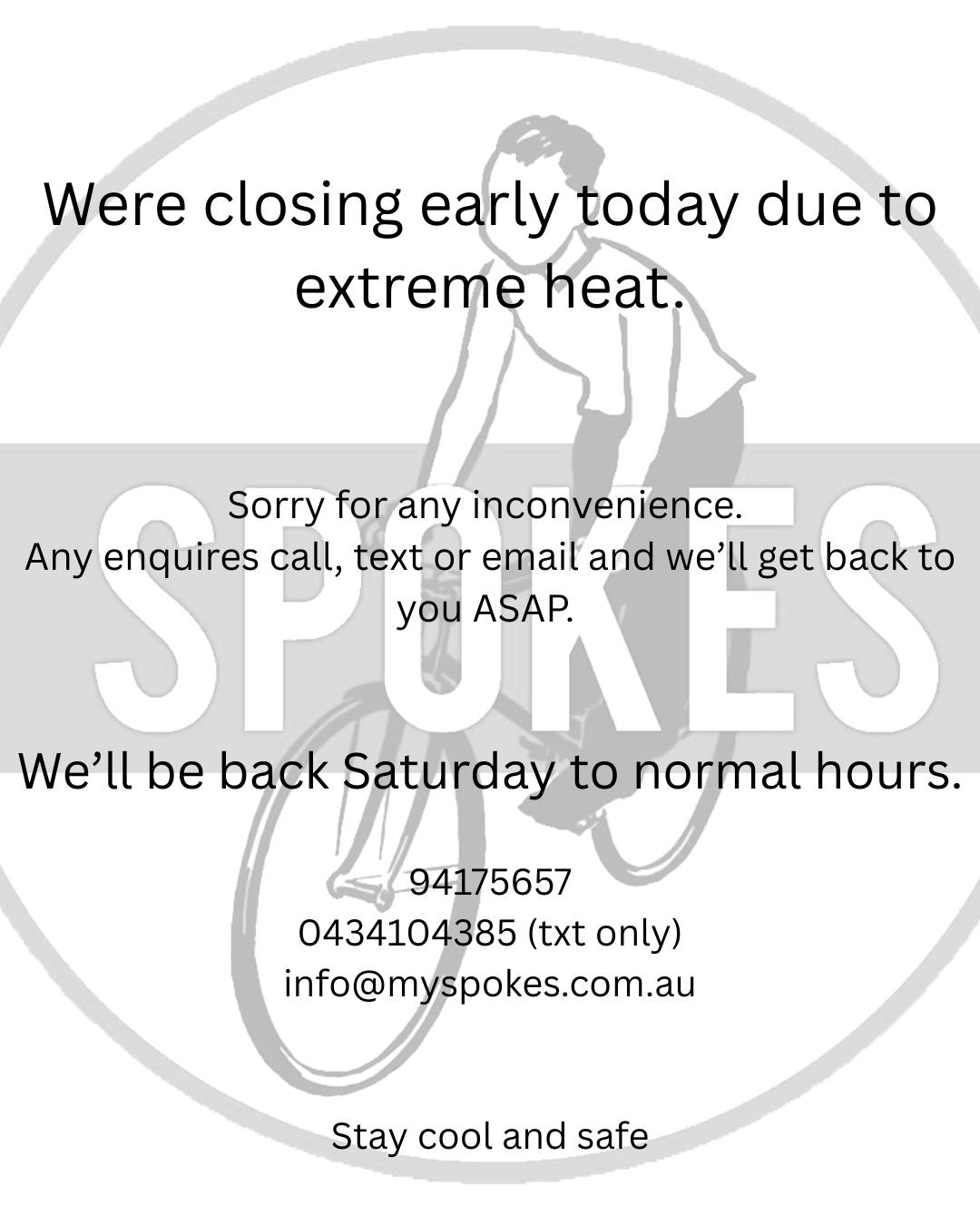 Sorry but were going to close after lunch today.
Without AC and with how quickly its gets hot in here were going to call it early.
Stay cool yourselves and we'll well be back with the cooler temps Saturday as usual.