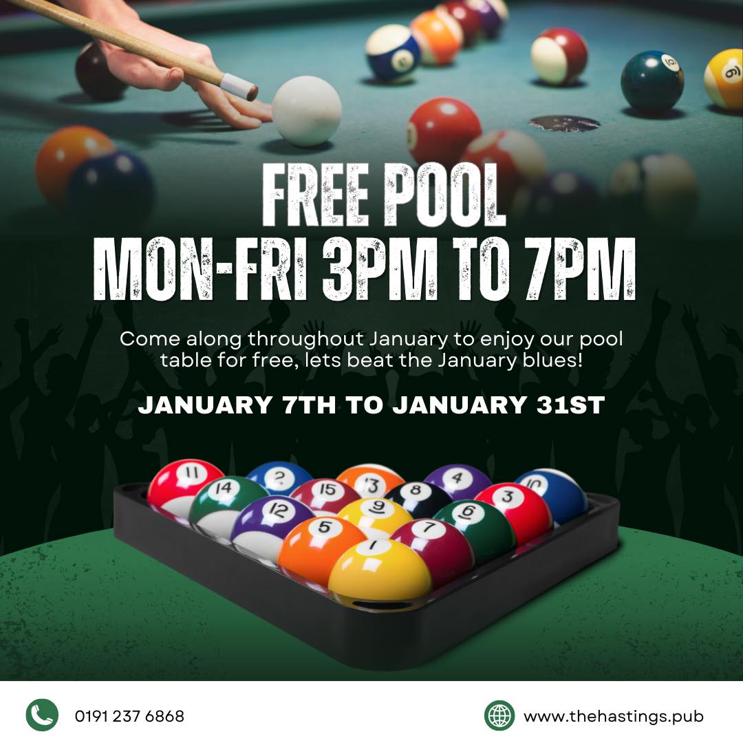Beat the January blues with us at The Hastings Arms!
Join us throughout January, Monday to Friday, 3–7pm, for free pool, good drinks and a proper cosy pub atmosphere.
Pop in, unwind, and give yourself something to look forward to this January. 🎱🍻