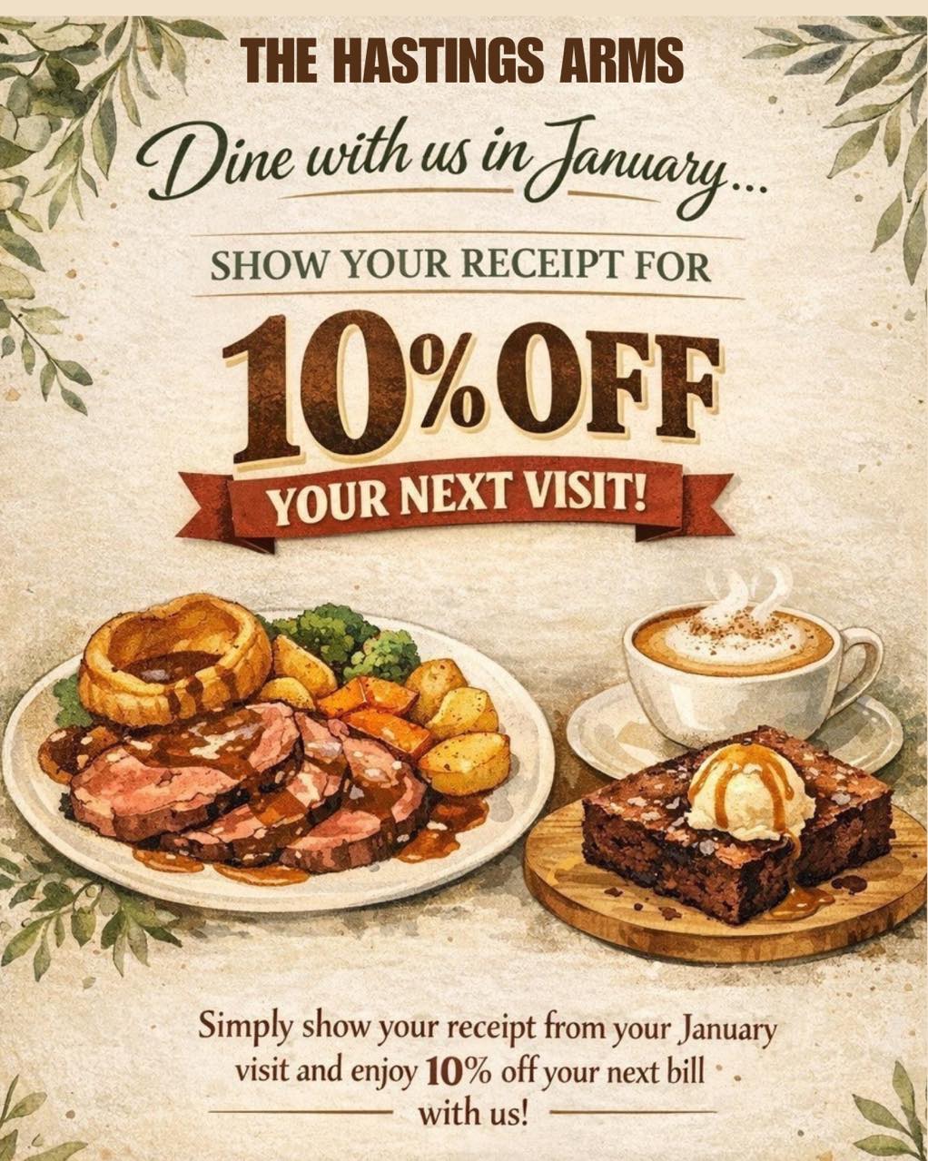 January Dine & Save 🍽️
Dine with us this January and receive 10% off food on your next visit 🙌🏽
Simply keep your receipt and show it when you return in January to enjoy a little thank you from us.
Terms & Conditions:
• Offer valid on food only
• Drinks not included
• Discount applies to a separate visit, not the same day
• Receipt must be shown to redeem
• Valid January only
• Not valid in conjunction with any other offer or promotion
• One receipt per table/visit
• management reserve the right to cancel or postpone this offer at any time
