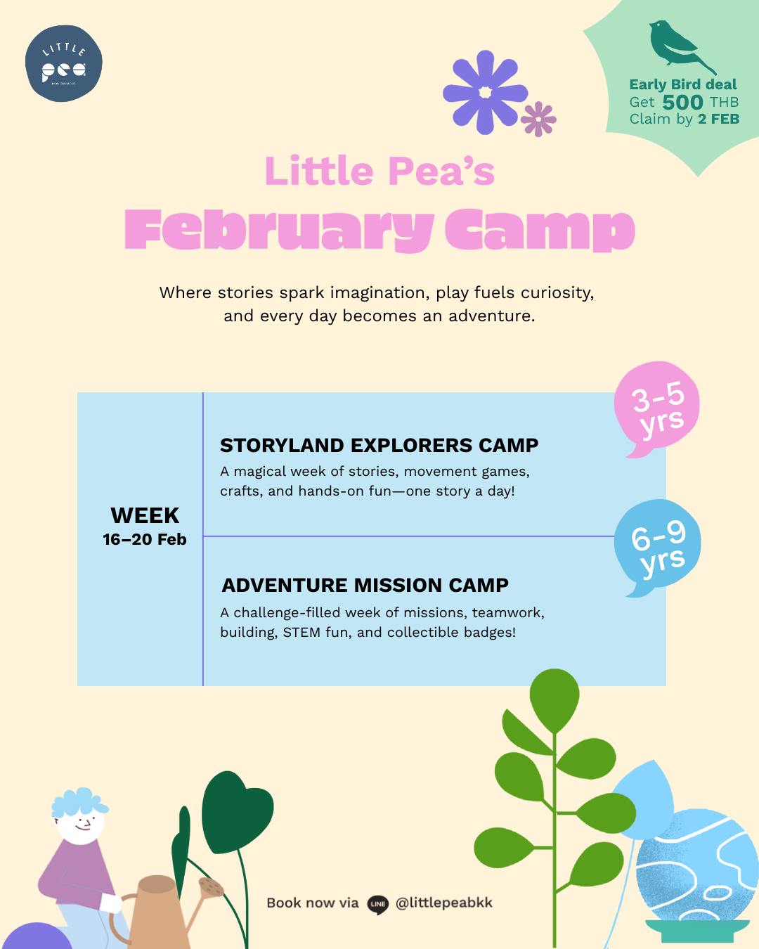 Launching NOW! 🌿 Ready, set, GO! We’re kicking off 2026 with Little Pea’s February Camp! (16 – 20 Feb) By popular demand, we’re bringing back 2 beloved camps with a new take on activities! If you’re looking for an inspiring way to start your child’s year, then join the fun as we pick up new skills, build friendships, and nurture our can-do spirit.
📚 (3 - 5 yrs) Storyland Explorers Camp
🏕️ (6 - 9 yrs) Adventure Mission Camp
🚨 Promo Alert! Grab your Early Bird Deals & Bundle Discounts.
Plus, returning campers save BIG, too!
💥 Book now via Link in Bio or Line @littlepeabkk
____________
🌿 เปิดรับสมัครแล้ว! เริ่มต้นปี 2026 อย่างสดใสกับ Little Pea February Camp ระหว่างวันที่ 16 – 20 กุมภาพันธ์
ตามคำเรียกร้อง! เรานำ 2 ค่ายยอดฮิต กลับมาอีกครั้ง พร้อมกิจกรรมโฉมใหม่ สนุกและท้าทายกว่าเดิม
📚 Storyland Explorers Camp (3 - 5 ปี)
🏕️ Adventure Mission Camp (6 - 9 ปี)
💥 จองเลยผ่าน Link in Bio หรือ Line @littlepeabkk
________
#LittlePeabkk #LittlePea #theCOMMONSbkk #LittlePeaFebruaryCamp