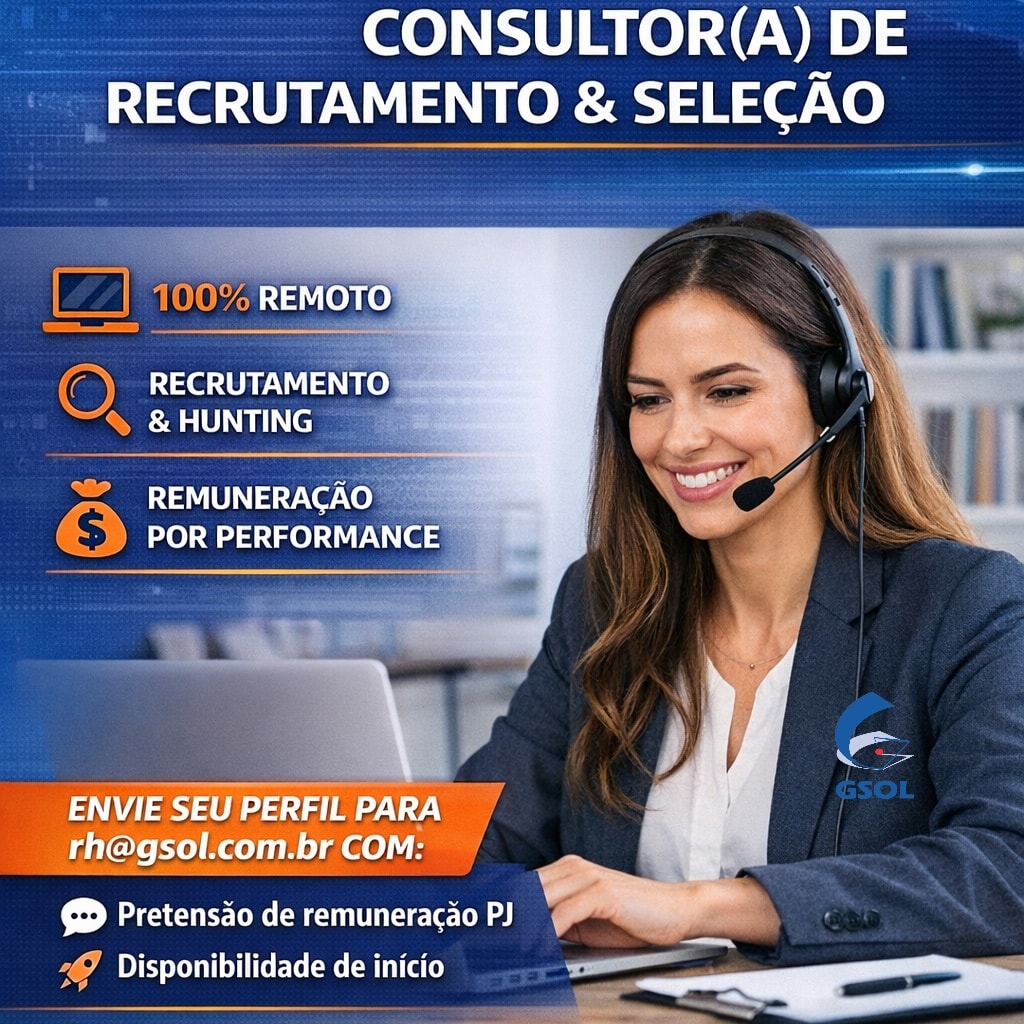 🚀 Consultor(a) de Recrutamento & Seleção – PJ
📍 100% remoto | Grupo GSOL
Buscamos Recrutadores PJ para atuar com Recrutamento em volume de vagas, Autonomia e Parceria Recorrente.
✔ Recrutamento digital
✔ Hunting no LinkedIn
✔ Remuneração por Performance
👉 Candidate-se em https://www.gsol.com.br/trabalhe-conosco
ou Enviando um email para rh@gsol.com.br , informando a Vaga, Pretensão e Disponibilidade para Início.
#VagaPJ #RH #Recrutamento #headhunter