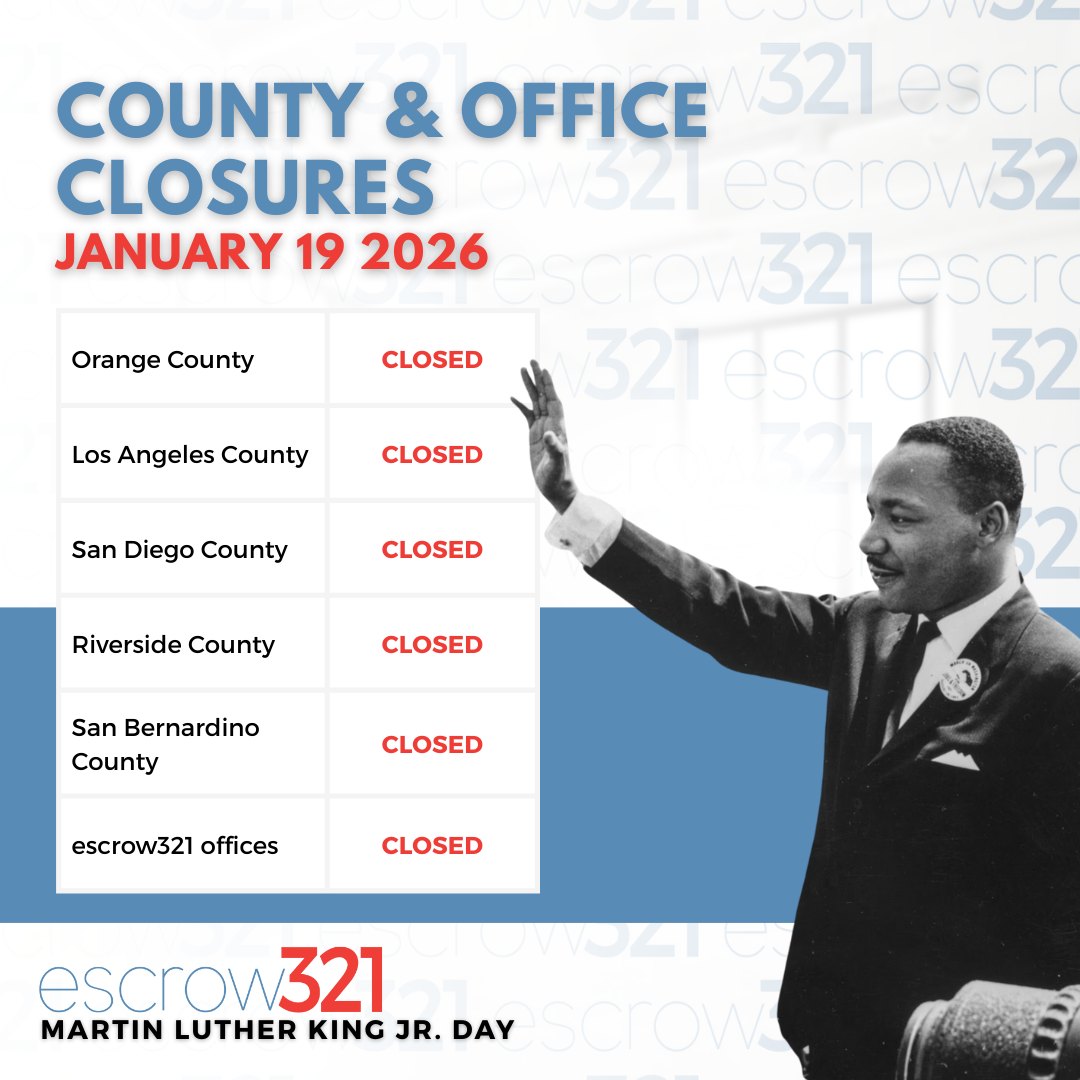📌 Office Closure Notice
In observance of Martin Luther King Jr. Day, escrow321 and all county recorder’s offices will be closed on Monday, January 19th.
• No county recordings will take place
• Business resumes Tuesday, January 20th
Please plan closings and recordings accordingly.
Wishing everyone a wonderful, long weekend and meaningful MLK Jr. Day.
#escrow321 #mlkjrday #escrowofficer #escrow32fun
