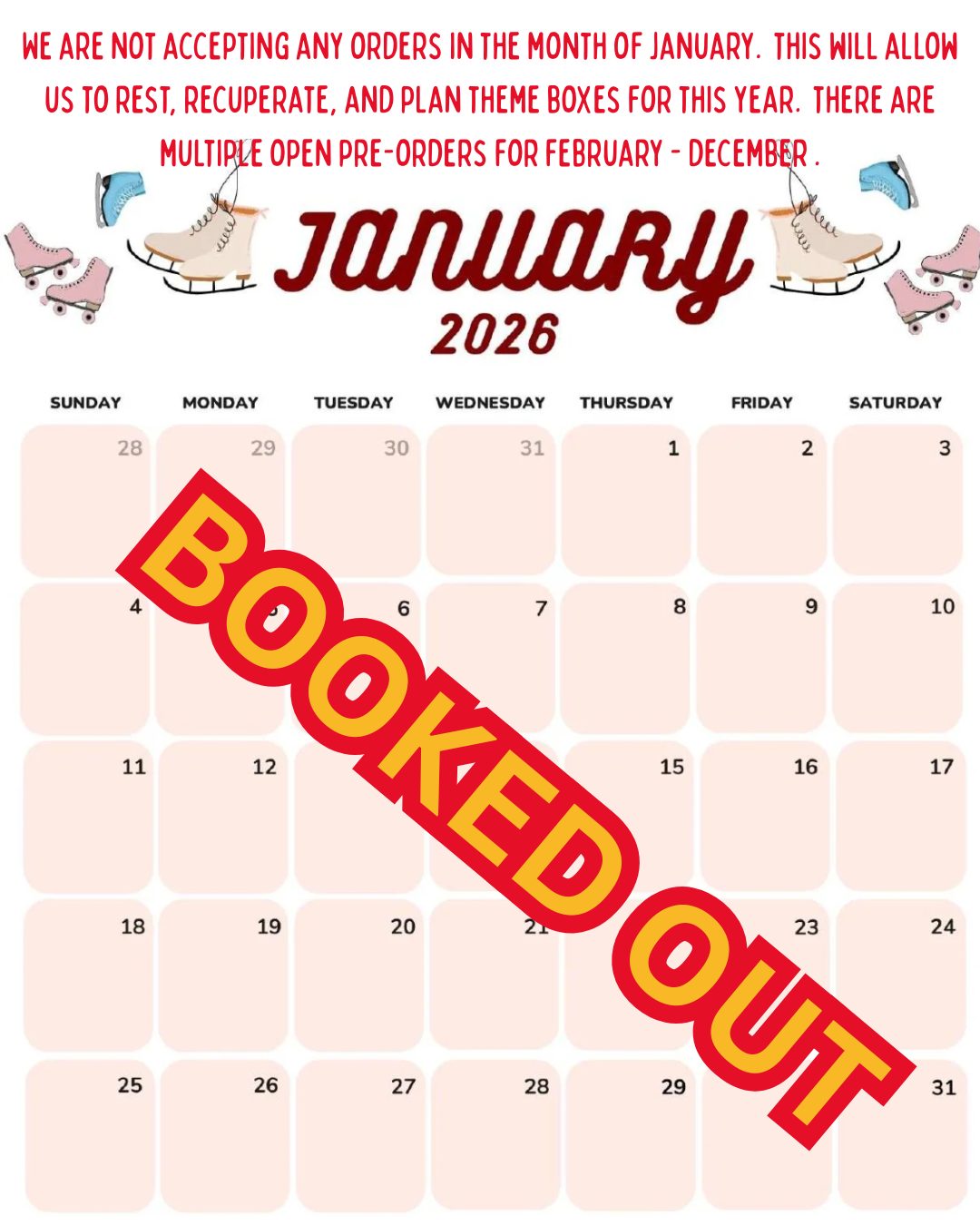 Hey everyone! Just a quick reminder!
Due to our busy work schedule and various commitments, we won’t be accepting any orders for January or February.
However, we’ll reopen for orders in March, and please keep in mind we’ll need a minimum two-week lead time.
For our new followers, a little note: we generally don’t take orders from February 11-17.
Thanks for your understanding!