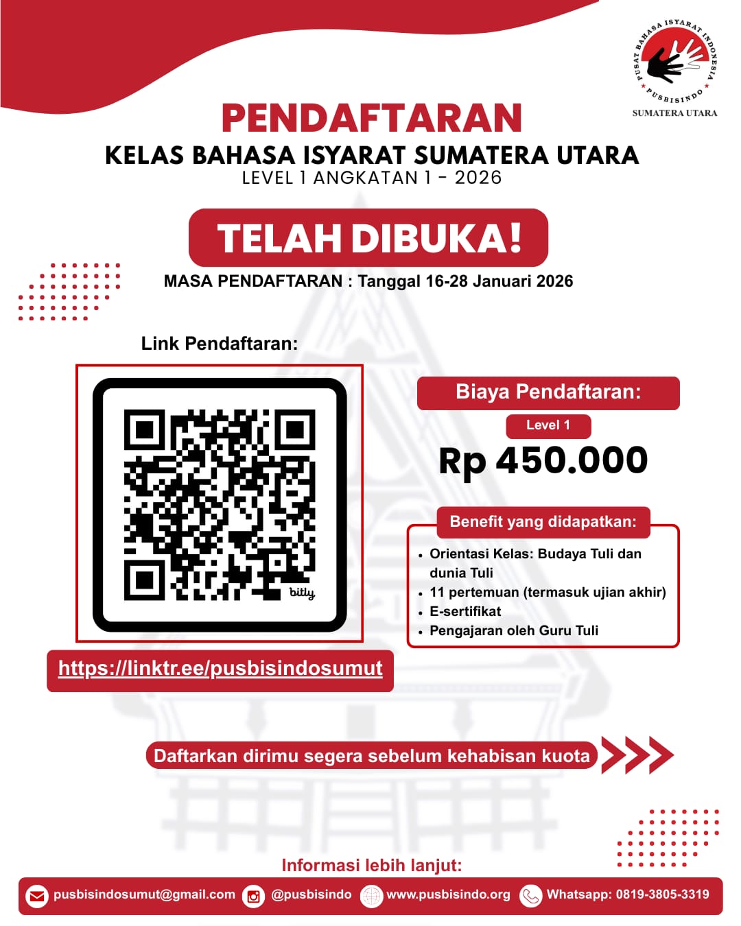 Horas, teman-teman di Sumatera Utara! ๐โจ
Pendaftaran Kelas Bahasa Isyarat Level 1 angkatan 1 2026 telah dibuka pertama kali! Tersedia kelas online. Kali ini, kami juga membuka kelas online di Sumatera Utara๐ฅณ
Yuk daftarkan dan rasakan pengalaman belajar baru. Kesempatan kamu untuk memahami Bisindo sambil praktik langsung bersama guruTuli.
๐ Periode Pendaftaran: 16 โ 28 Januari 2026
โก๏ธ Kuota terbatas! Pendaftaran dapat ditutup lebih awal apabila mencapai kuota.
Benefit yang Kamu Dapatkan
Orientasi Kelas:
1. Budaya Tuli dan dunia Tuli
2. 11 pertemuan (termasuk ujian akhir)
3. E-sertifikat
4. Pengajaran oleh Guru Tuli
Daftar sekarang melalui link di bio atau scan QR code pada poster
๐https://linktr.ee/pusbisindosumut
Informasi lebih lanjut, hubungi Pusbisindo Sumatera Utara melalui whatsapp:
di nomor +62 819-3805-3319 (Hanya Chat)
Terimakasih, sampai jumpa di kelas Bisindo! โจ
#bahasaisyarat #kelasbahasaisyarat #bisindo #bahasaisyaratindonesia #kelasbahasaisyaratindonesia #belajarbersamaTuli #pusbisindo #pusbisindodaerah