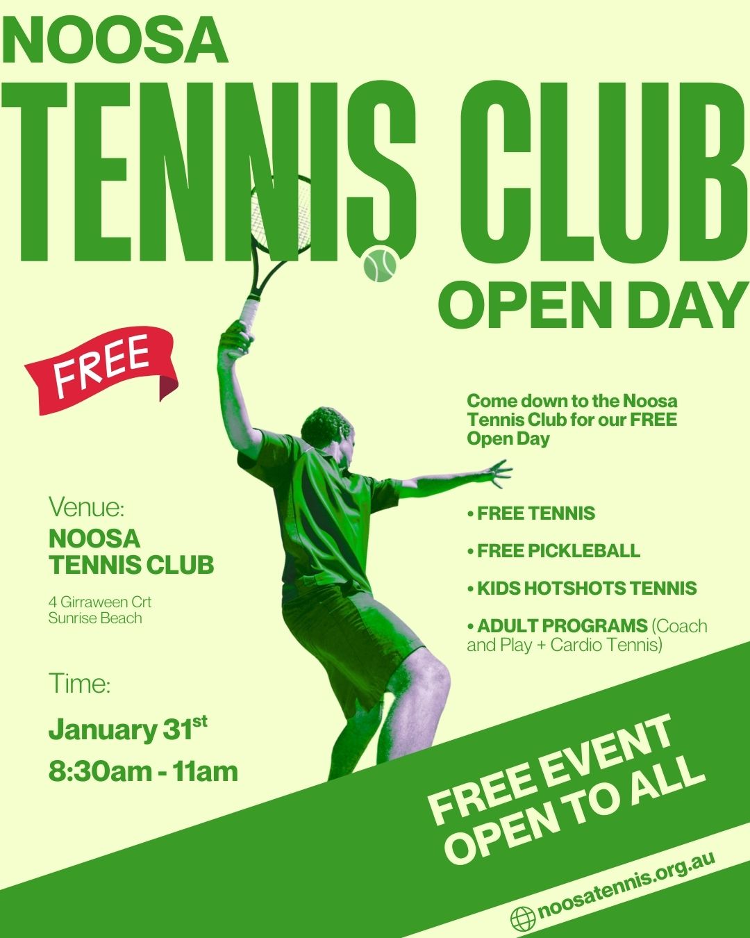 πΎ NOOSA TENNIS CLUB OPEN DAY β FREE EVENT! πΎ
Curious about tennis or pickleball? Looking for a fun activity for the kids or a new way to get active? Come along to our FREE Open Day at Noosa Tennis Club!
π Noosa Tennis Club
4 Girraween Court, Sunrise Beach
π January 31st
β° 8:30am β 11:00am
Whatβs on:
β
Free Tennis
β
Free Pickleball
β
Kids Hot Shots Tennis
β
Adult Programs β Coach & Play + Cardio Tennis
Perfect for all ages and abilities β whether youβre picking up a racquet for the first time or getting back into it.
π Free event & open to all β just turn up and have a hit!
π More info: noosatennis.org.au