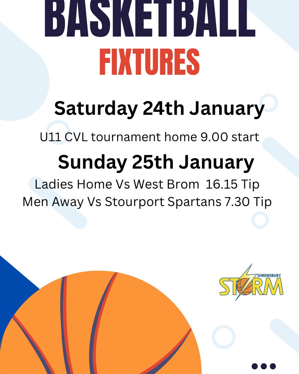 A quiet weekend with no national league fixtures this week.
We do however have an under 11 central venue league at home on Saturday, Sunday see the ladies at home taking on West Brom and then the weekend is finished off with the Men away to Stourport.
Let’s have a great weekend
#Shrewsbury #community #basketballfamily🏀❤️ #stormbasketball🏀 #femaleballers