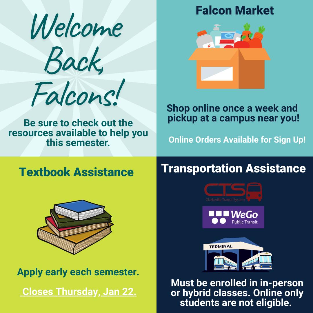 Welcome back, Falcons! Remember, we have resources here to support you:
📚 Textbook Assistance
Closes this Thursday, January 22nd.
Make sure to apply before the deadline, and remember to apply early each semester.
🚌 Transportation Assistance
Now open! Bus passes are available.
Important: Only in‑person and hybrid students are eligible.
Online‑only students are no longer eligible.
A new application is required each semester.
🛒 Falcon Market
Signups are open, and pickups start next week.
You can shop once per week!
Applications are available at the link in our bio.
Have a great semester!
#NashvilleState #NSCCFoundation #StudentResources