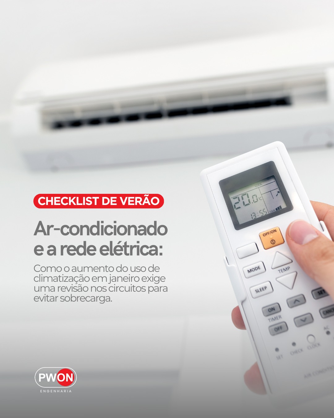 O calor de janeiro não perdoa, e a sua rede elétrica também não. 🌡️⚡
Quando o termômetro sobe, o ar-condicionado vira prioridade. O problema é que a maioria das instalações não foi projetada para suportar essa carga máxima por tantas horas seguidas. O resultado é a sobrecarga: cabos que superaquecem silenciosamente dentro das paredes e conexões que começam a derreter antes mesmo de você notar qualquer sinal.
Não é apenas o disjuntor que "cai". É o risco real de um curto-circuito que pode comprometer todo o seu patrimônio.
Na PWON, aplicamos engenharia de precisão para garantir que sua rede suporte o pico do verão sem riscos. Analisamos cada ponto crítico da sua instalação porque, para nós, segurança não é opcional.
Sua infraestrutura elétrica está aguentando o tranco ou você está contando com a sorte?