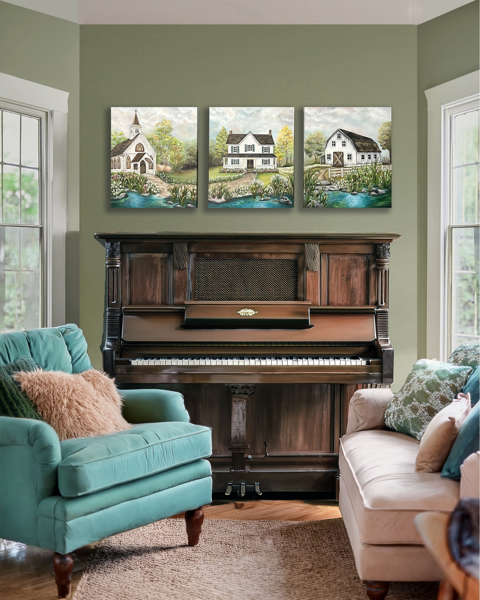 Step into the peaceful landscape of "Country Trio," where an old faithful church, a cozy home, and a rustic barn come together in perfect harmony. đżđĄ Each piece in this triptych whispers stories of community and peace, framed by lush greenery, cattails, and vibrant blooms. Let the gentle pond waters and flowing backdrop bring a sense of connectedness, warmth, and rural hospitality to your space. Which scene evokes peace and calm in you? Share your thoughts below! đźâ¨
Country Trio now available as reproductions. Choose all three or pick your favorite as a stand-alone piece.
#Countryside #LandscapeArt #SereneScenes #RusticCharm #ArtLovers #HomeDecor #countrydecor #farmhouse #whitebarn #countrychurch