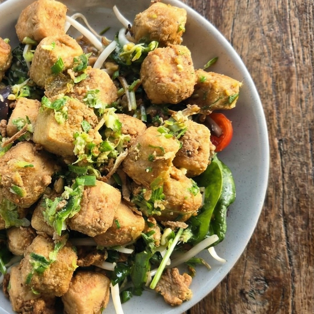 CRISPY TOFU & eggplant salad with our famous chop chop sauce. Been a staple on our Plant Based menu for well over a decade π±ππ
#blueginger #dinner #plantbased