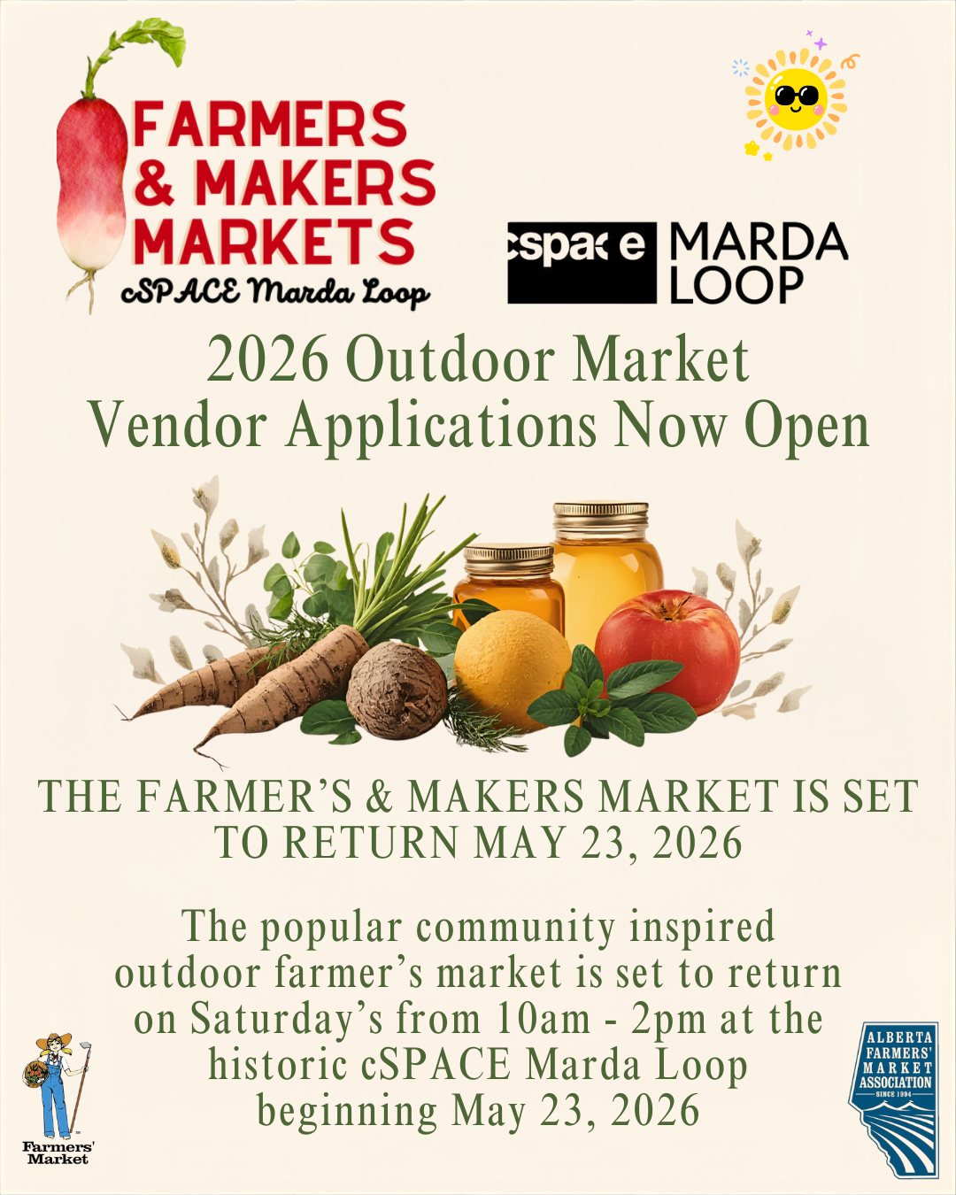 ☀️ BIG NEWS: Our 2026 Outdoor Season is calling your name! ☀️
We are officially dreaming of sunny Saturdays, fresh blooms, and local talent. Vendor applications for the 2026 Farmers & Makers Market outdoor season are NOW OPEN! Whether you’re a farmer with the freshest harvest, a baker with the best sourdough, or a maker with unique handmade goods, we want YOU to be part of our community.
📍 Where: cSPACE Marda Loop 🗓️ When: Every Saturday | May 23 – Oct 17, 2026 ⏰ Time: 10:00 AM – 2:00 PM
Join us for another incredible year of supporting local under the Alberta sun. Let’s make the 2026 season our best one yet!
🔗 Apply now via the link in our bio!
@cspace.mardaloop
