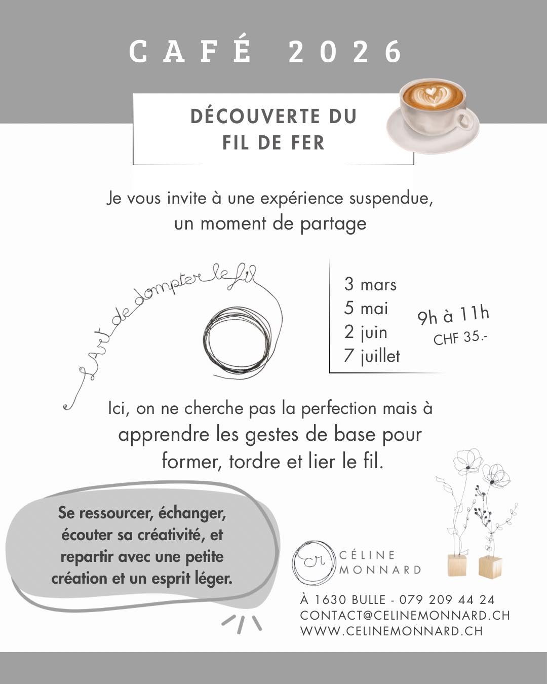 Je vous propose un atelier convivial, pour apprendre quelques techniques de base pour sculpter le fil de fer.
Cette atelier est aussi un moment de partage, il est accompagné d’une tasse de café / thé et d’une confiserie.
Vous réaliserez une petite création telle que des fleurs ou un oiseau, que vous pourrez emportez chez vous.
Au plaisir de vous rencontrer !
Céline
#ateliersfildefer #fildeferrecuit #villedebulle #fribourgregion #creationsfildefer #atelierscreatifs #gruyereregion #gruyéreregion