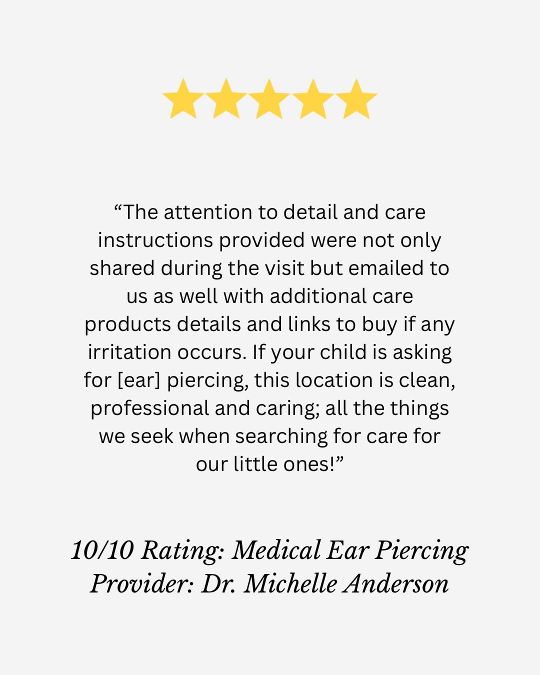 We’re so grateful for the kind words in our recent review of our Medical Ear Piercing service with Dr. Michelle Anderson!
We’re excited to offer safe, gentle ear piercing for all ages, using a medically proven system designed to protect your body’s most delicate organ—the skin. Our single-use, sterile cartridges and medical-grade earrings help reduce the risk of infection and allergic reactions, making this a great option for children and adults alike, even those with nickel sensitivities.
Safe. Professional. Thoughtfully done. ✨
#MedicalEarPiercing #PatientSafety #AllAgesWelcome #BartramSpaAndSalon
