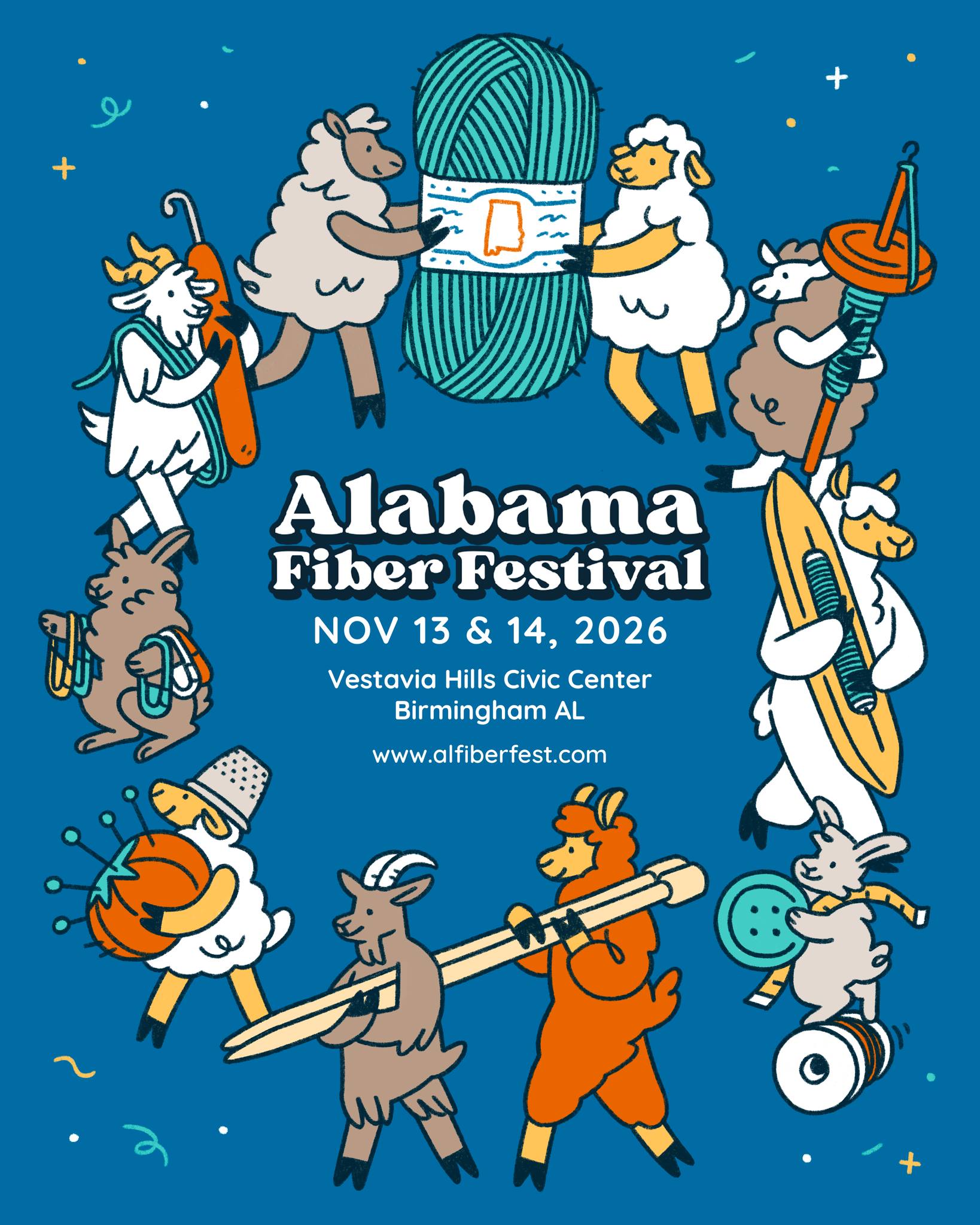 We are soooo ready to share this year's artwork with you, and can't be more pleased with how it turned out!
We got such great feedback about the artwork for 2025, so we worked with @jessjenkinsillustration again for 2026. This year features some of the same fuzzy faces you've seen, but new "larger than life" fiber arts tools!
📅 November 13 & 14, 2026
📍 Vestavia Hills Civic Center, Birmingham, AL
🌐 www.alfiberfest.com
🎟 More info on tickets coming soon!
📝 Applications for vendors & workshops open on February 6th - mark your calendars!
#alfiberfest #alabamafiberfestival #fiberarts #comingsoon #market #fiberfestival