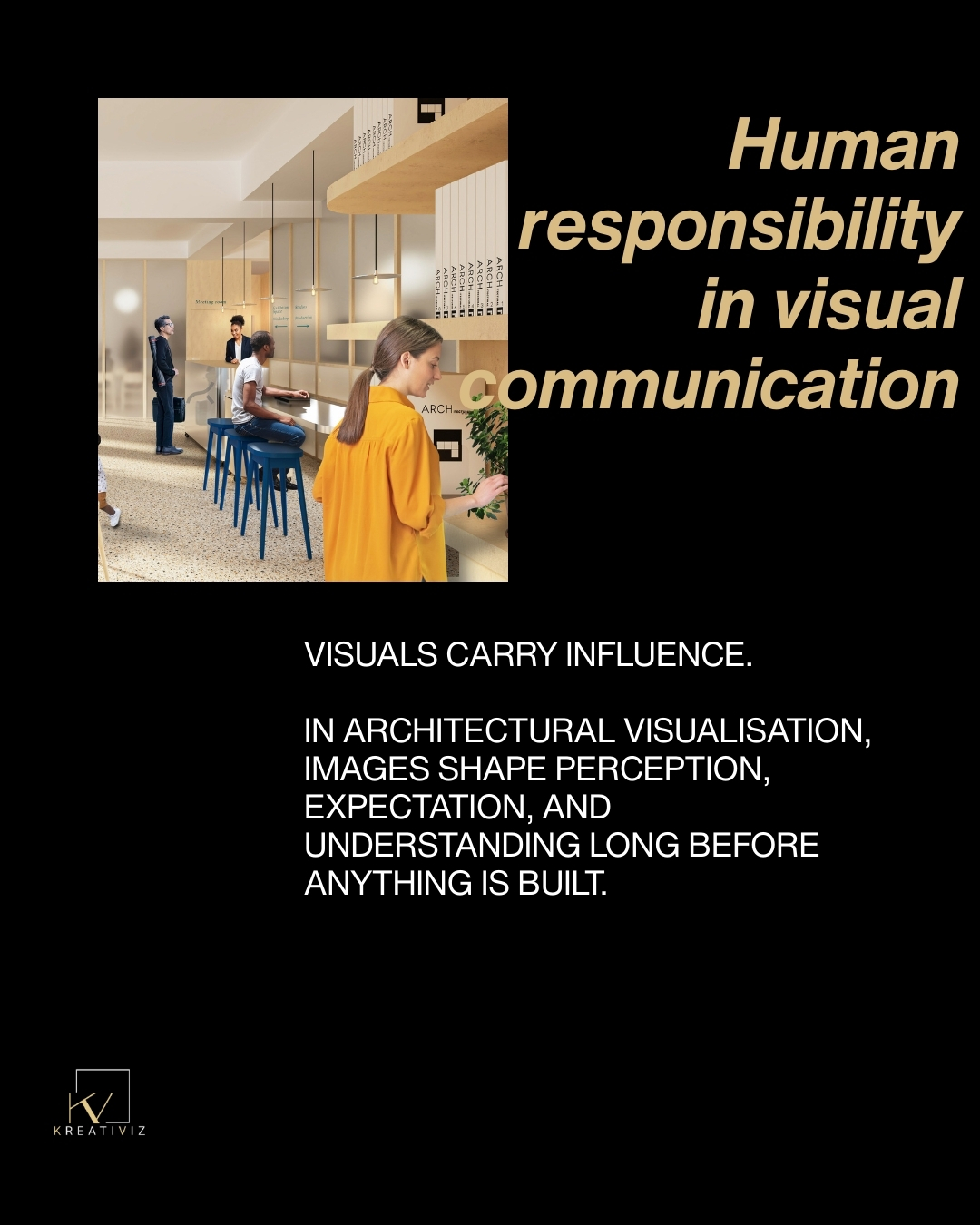 Human responsibility in visual communication
Visuals carry influence.
In architectural visualisation, images shape perception, expectation, and understanding long before anything is built.
With that influence comes responsibility.
Visual communication must be honest, well considered, and aligned with what a project truly represents, not just how it could appear.
Architectural CGI helps translate ideas into something understandable.
That translation requires judgment, restraint, and awareness of how visuals will be read by different audiences.
The Future of Visualisation
When human responsibility leads to visual communication, trust is built.
Visuals become reliable, credible, and supportive of informed decision making across every stage of a project.
@kreativiz_
#architecturalvisualization #cgi #archviz