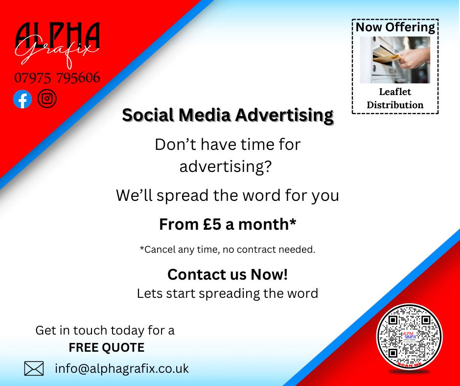 Let us advertise for you. 😇
From £5.00 a month
#Alphagrafix #advertise #advertising #advertisement #advert #advertiser #AdvertiseWithUs #advertiselocally #socialmedia #socialmediamarketing #NoContract #leaflets #leafletdistribution #spreadtheword