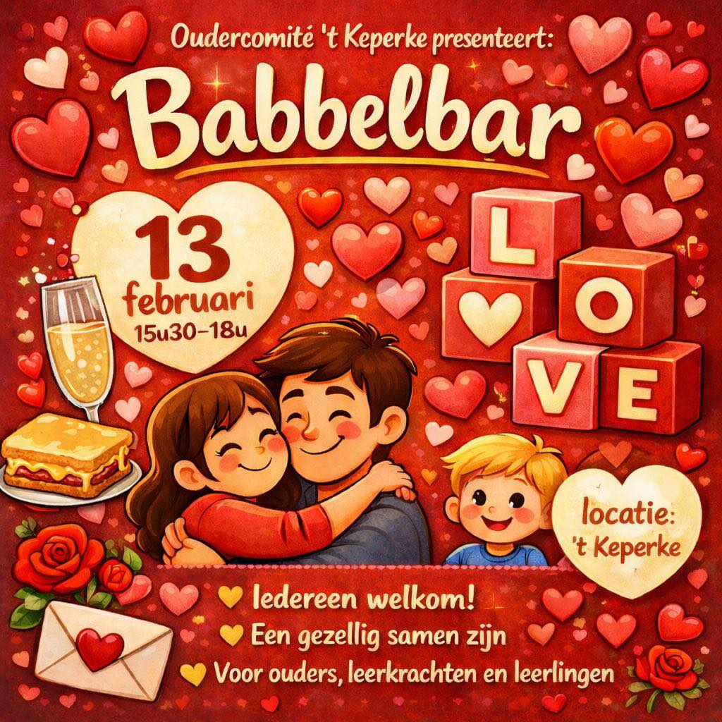 ❤️ BABBELBAR @ ‘t Keperke ❤️
Op vrijdag 13 februari nodigt het oudercomité van ’t Keperke jullie van harte uit op onze Babbelbar! 🥂✨
🕒 15u30