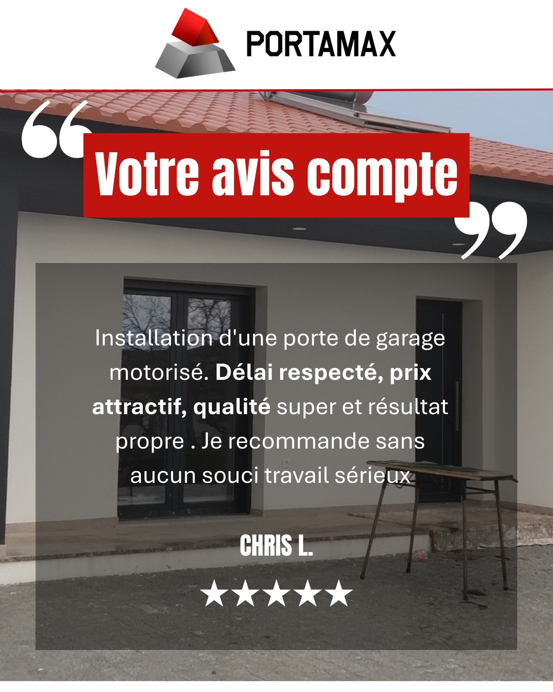 Votre avis compte… et ça fait toute la différence !
Installation d’une porte de garage motorisée réalisée dans les délais, avec un résultat propre et soigné.
Chez Portamax, on s’engage sur :
✔️ Le respect des délais
✔️ Des prix justes
✔️ Un travail de qualité
✔️ Des clients satisfaits
Merci pour votre confiance 🙌
Votre satisfaction est notre meilleure publicité ❤️
📩 Un projet de porte de garage, portail ou fermeture ? Contactez-nous en message privé !
#AvisClient #Portamax #PorteDeGarage #Installation #SatisfactionClient