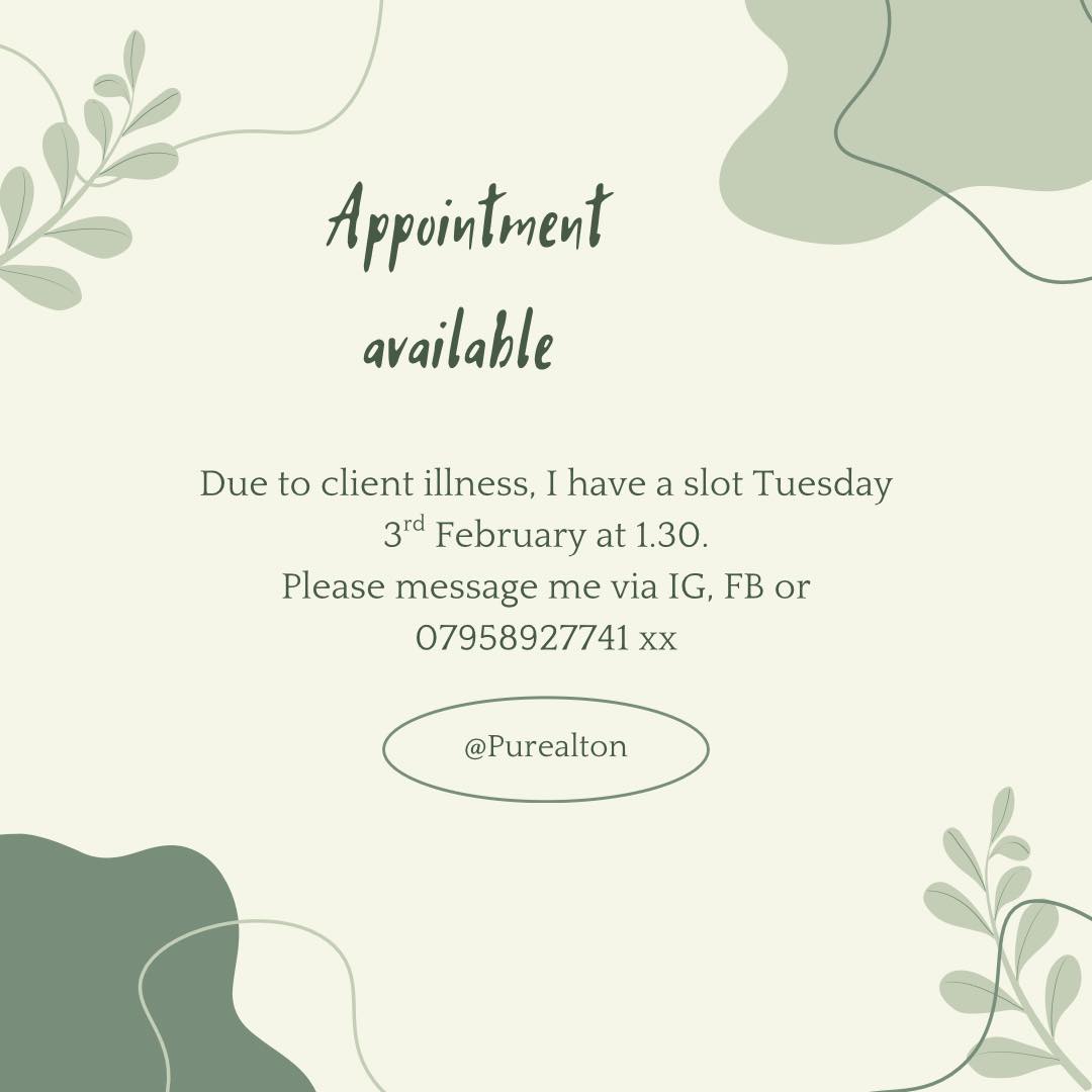 #appointment #availability #reflexology #indianheadmassage #facialreflexology #zonefacelift #purealton #book #booknow #insta #facebook #message
