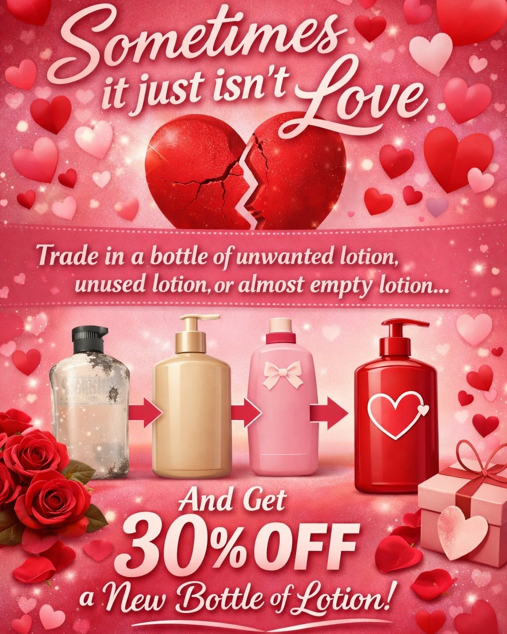 Sometimes the lotion you thought you would love just isn't the one... so trade it in! Feb 13 through 15th, bring in your unwanted lotion, whether you bought it from us or from somewhere else, and save 30% on your new favorite bottle. Limit one bottle trade in discount per client.