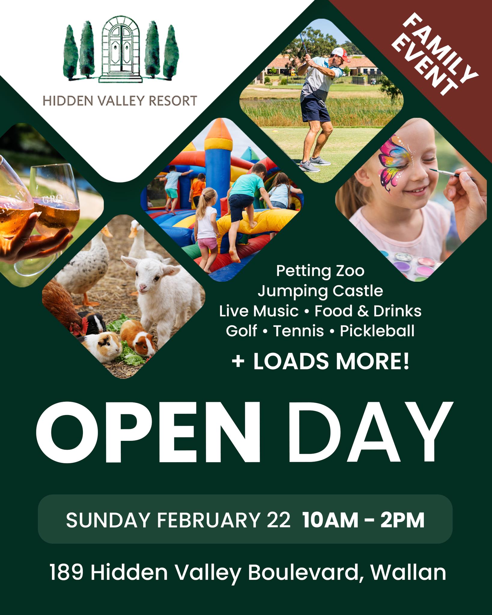 🌿 Hidden Valley Resort Open Day 🌿
Join us on Sunday 22 February, from 10:00am–2:00pm, for a FREE Open Day at Hidden Valley Resort.
Bring the family and enjoy a relaxed day exploring everything the resort has to offer, with activities running throughout the day, including:
🐐 Petting Zoo
🏰 Jumping Castle & Inflatable Obstacle Course
🎨 Kids’ Face Painting & Colouring Competition
⛳ Golf Clinics for Beginners, Juniors & Women*
🏌️♂️ Come & Try Golf on the 3-hole Pitch & Putt
🎾 Tennis Hot Shots & Pickleball
🎶 Live Music
🍔 Grab-and-go food and drinks available for purchase from The Grove
🎁 Plus, prizes to be won on the day, including a Hidden Valley Resort Flexi Golf Pass.
📍 Hidden Valley Resort
189 Hidden Valley Boulevard, Wallan
🕙 10:00am – 2:00pm
🎟️ FREE entry
👉 Full details available via the event page — make sure you click Attending so you don’t miss any updates!
www.facebook.com/events/1517746626183094/
*Golf clinics require advance booking. Call 4701 0088.