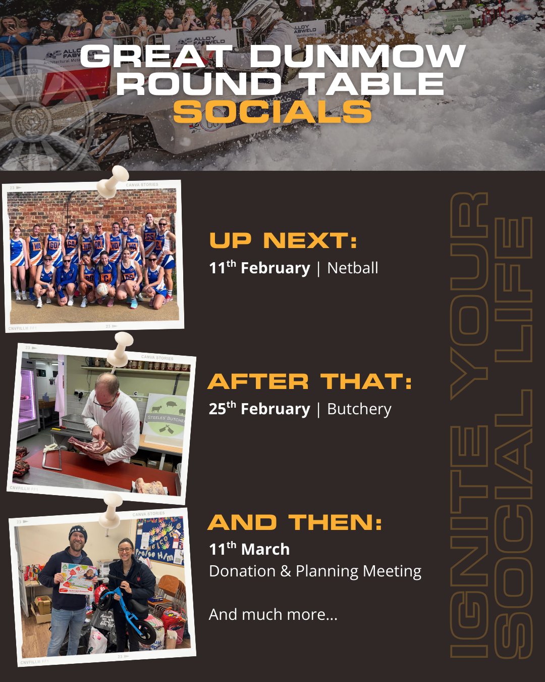 Looking forward to our next few social events!
๐ 11th Feb - Netball with Great Dunmow Infinity Netball Club
๐ท 25th Feb - Butchery with @steelesbutchersdunmow
๐ธ 11th Mar - Donation & Planning Meeting
18-45 and fancy making some more mates in Dunmow? Drop us a message ๐ฌ to come along!