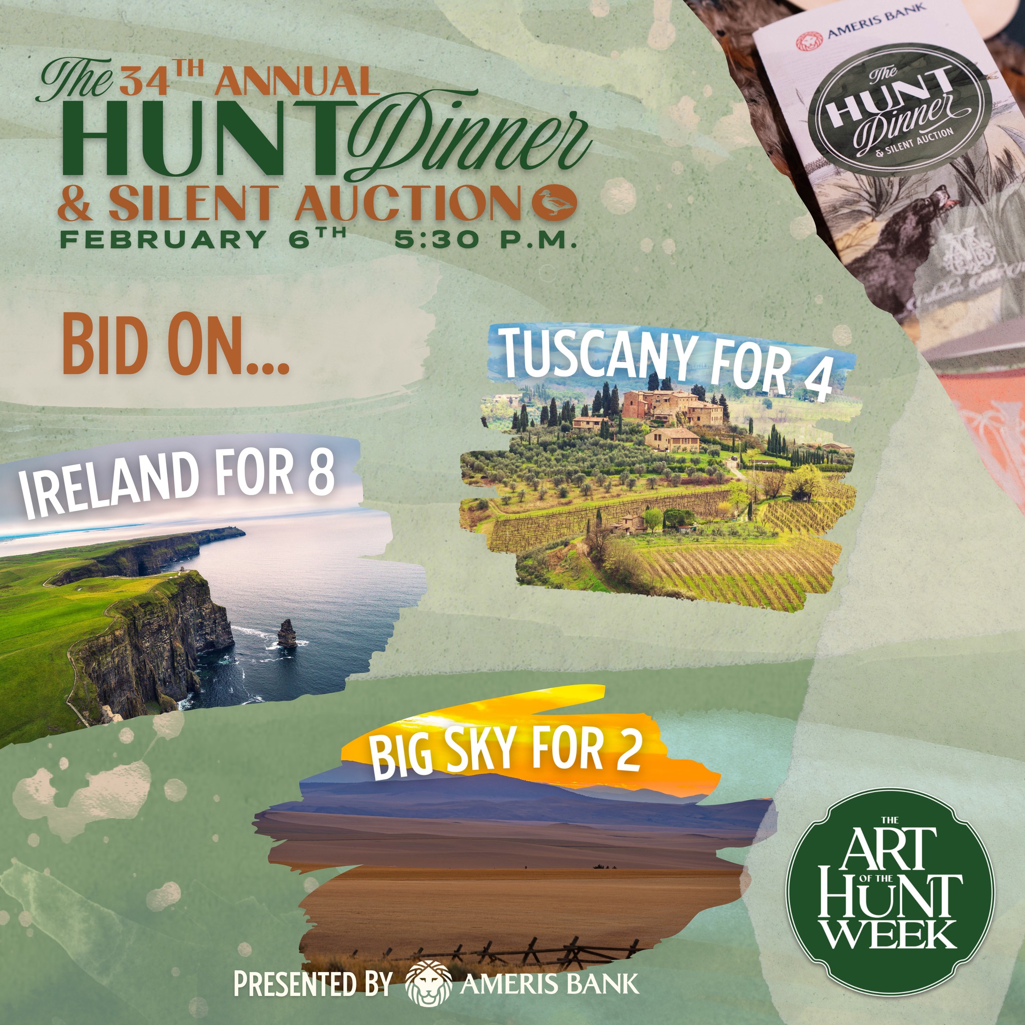 Don't miss out on this year's Hunt Dinner Silent Auction! 🌲🎉
This year's auction features THREE amazing vacation packages, with options perfect for small groups or couples! So, go ahead and pick your lucky travel buddies and get ready to bid this Friday, February 6th!
Get your Hunt Dinner tickets here: 🔗 https://bit.ly/4qwIvaL