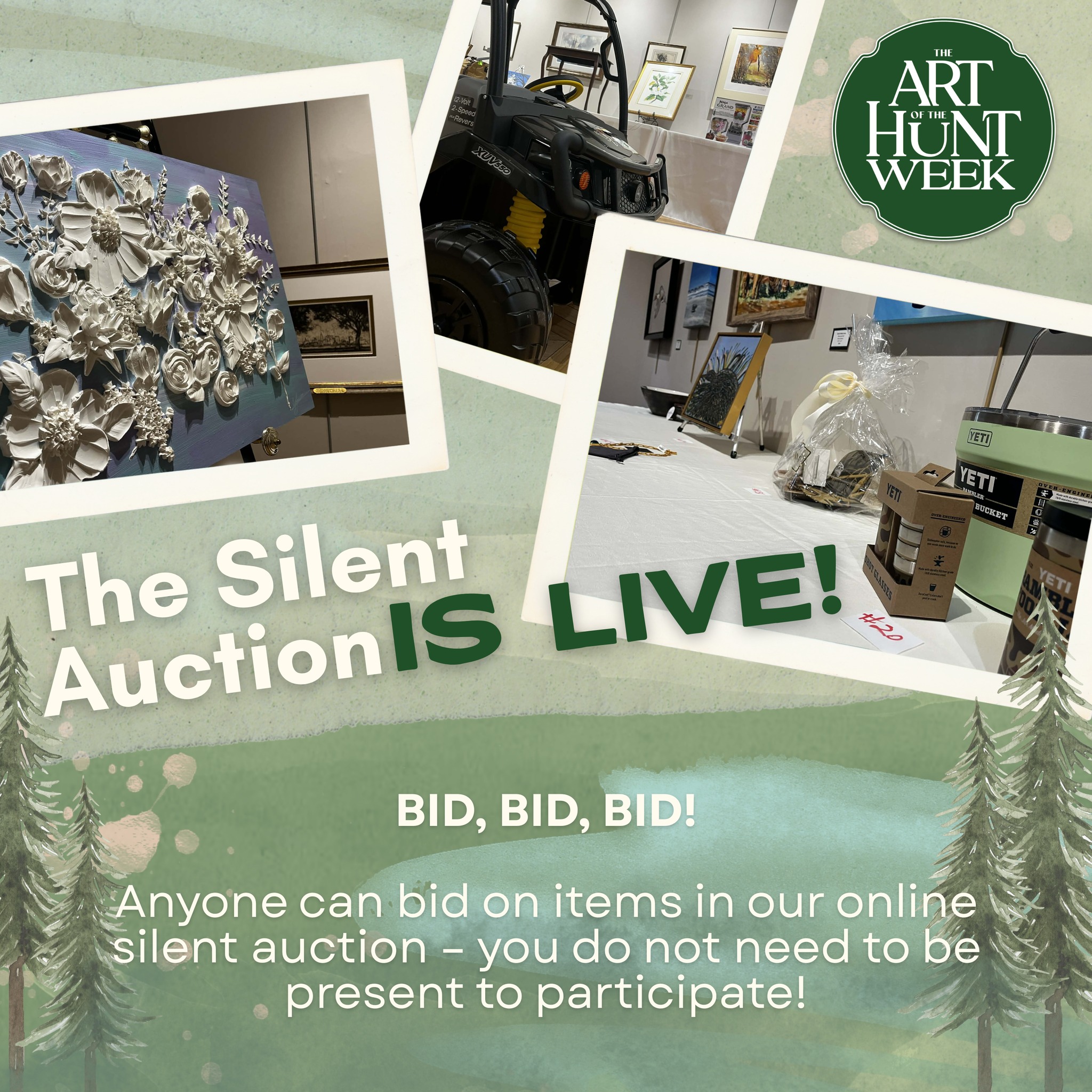 📣 Silent Auction is NOW LIVE 📣
Our 2026 Art of the Hunt Silent Auction is now live and we are accepting bids! Anyone can bid -- just head to the link below to register and start bidding.
The auction will close at 8:30 pm, so act fast!
🔗 https://bit.ly/45SsKmc