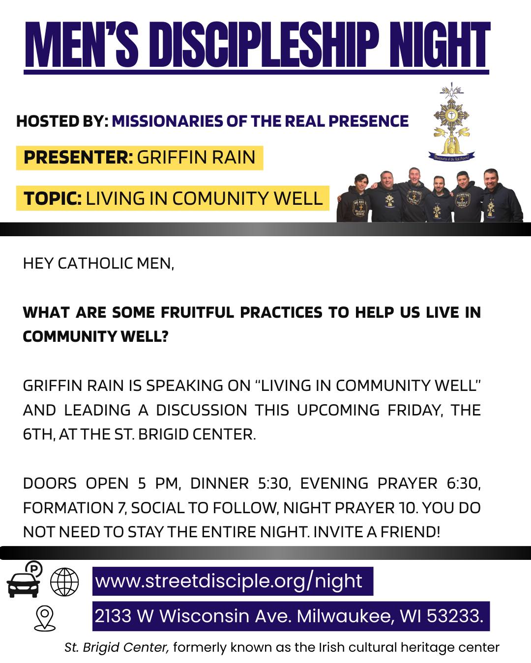 What are some fruitful practices to help us live in community well?
Griffin Rain is speaking on “living in community well” and leading a discussion this upcoming Friday, the 6th, at the St. Brigid Center.
Doors open 5 pm, dinner 5:30, Evening Prayer 6:30, formation 7, social to follow, Night Prayer 10. You do not need to stay the entire night. Invite a friend!