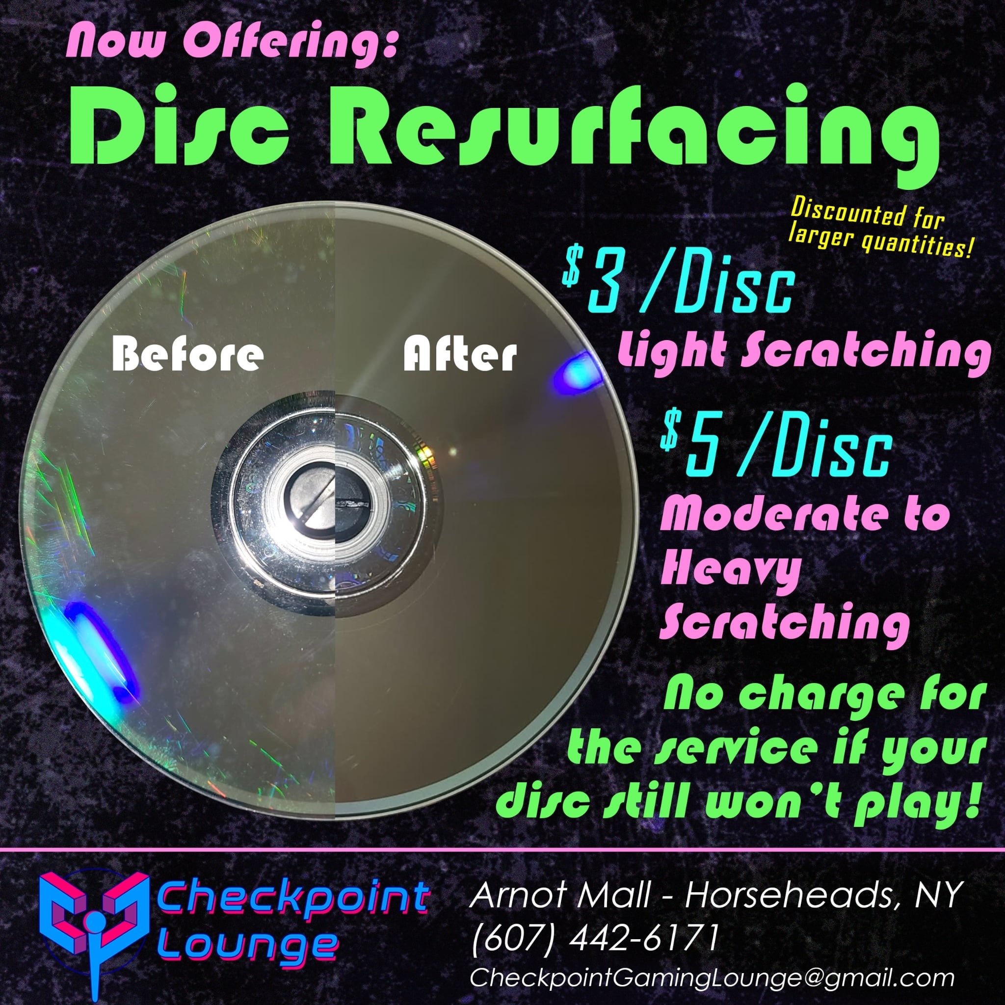 We are now offering: Disc Resurfacing!
Do you have any old games or movies that don't play right anymore? Maybe they don't play at all? Bring them on in and we will take a look at them-- we might be able to get them up and running again!
💿 $3 per Disc with light scratching
💿 $5 per Disc for moderate to heavy scratching
We also offer price discounts in quantities of 10 Discs
⛔️ Also: if your Disc still won't play after we work on it-- we won't charge you anything.
Note: if the scratches or damage are too severe, we might not be able to do much to help! We can try, but we can't work miracles.
